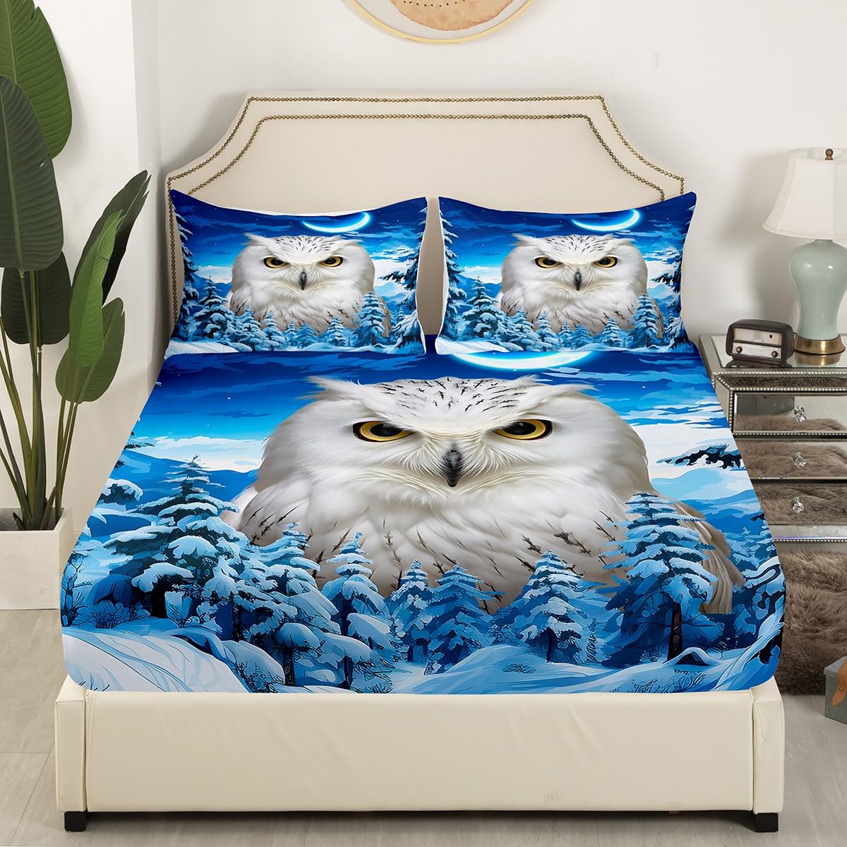 Cute Owl Bedding Set White Bird Bed Sheet Set for Kids Boys Girls Children Moon Stars Snow Trees Fitted Sheet 3D Wild Animal Printed Bed Cover No Flat Sheet Blue Room Decor Full Size 3Pcs