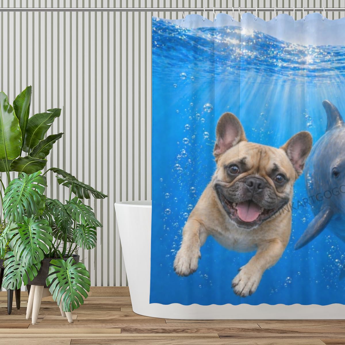 LFINKARTGOGO Ocean French Bulldog Shower Curtain 72x72 with 12 Hooks Underwater Animal Dolphin Waterproof Washable Polyester Bath Curtain for Home Hotel Decor