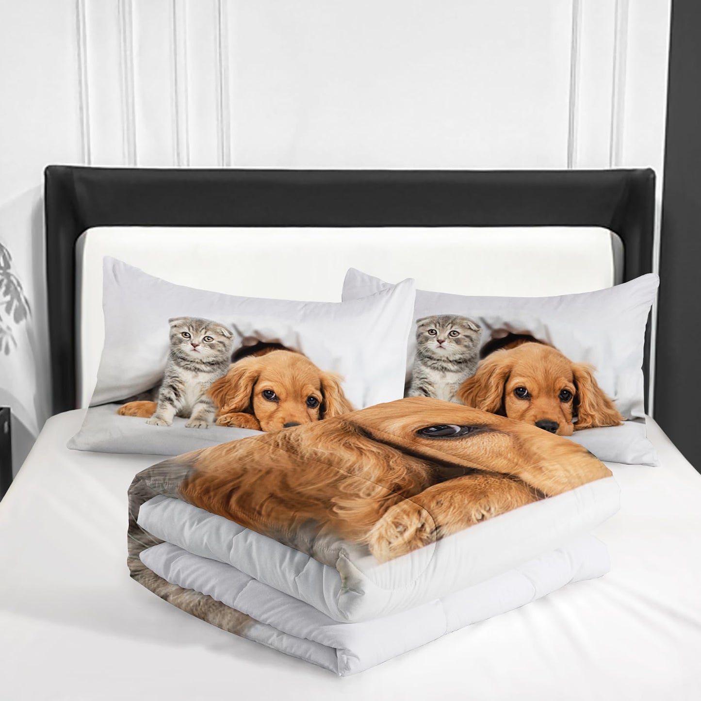 Nttopship Kids Cute 3D Dog Comforter Set 3 Piece Cat and Golden Retriever Bedding Set Twin Size for Kids Cute Pet Bedding Bed in A Bag Bed,Pet Room Decor Comforter with 2 Pillowcases