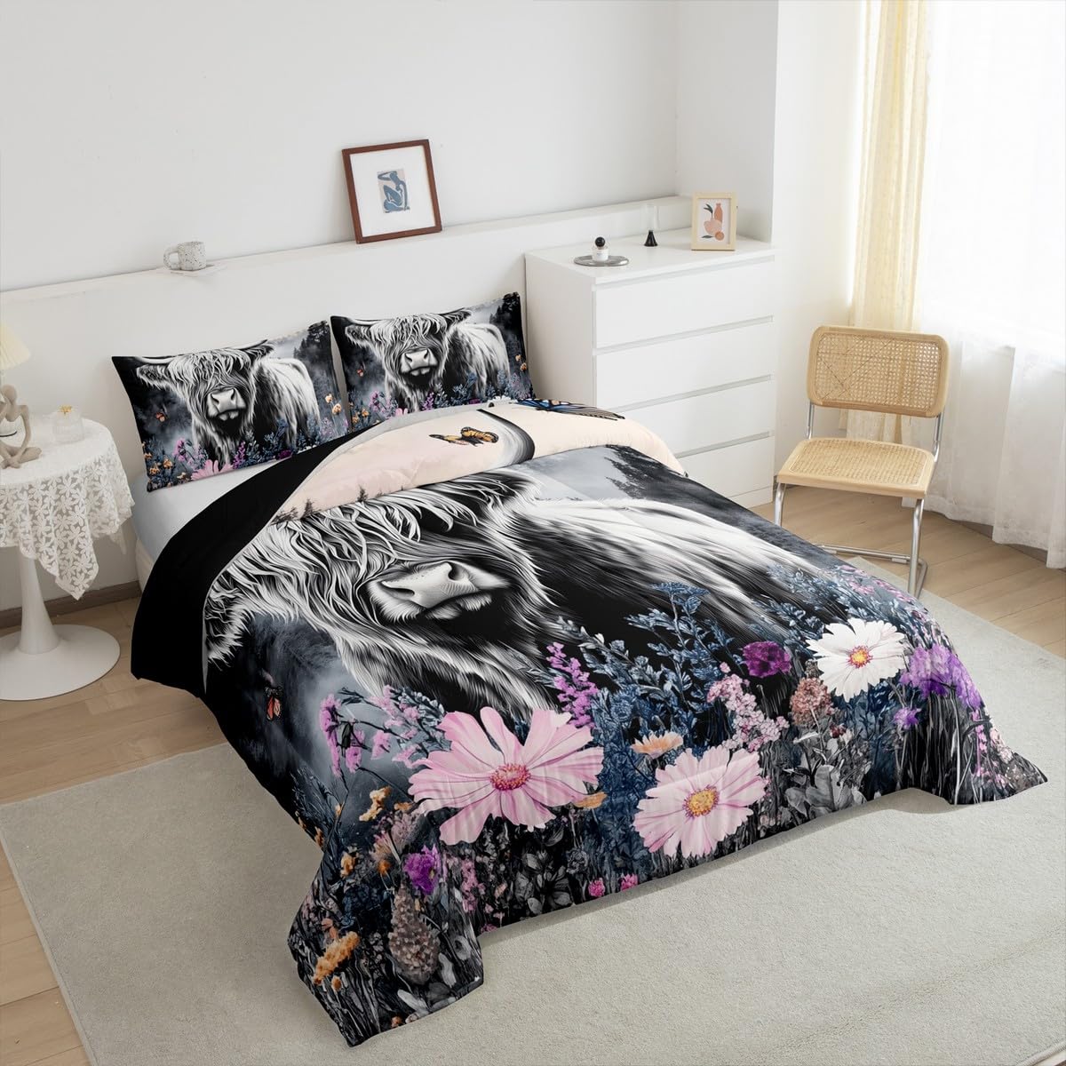 Erosebridal Highland Cow Flower Comforter Set Full Size Bull Cattle Bedding Set Western Funny Animal Duvet Stuffing Wildlife Farmhouse Cow Bed Quilt Mountain with Firforest Bedroom Decor