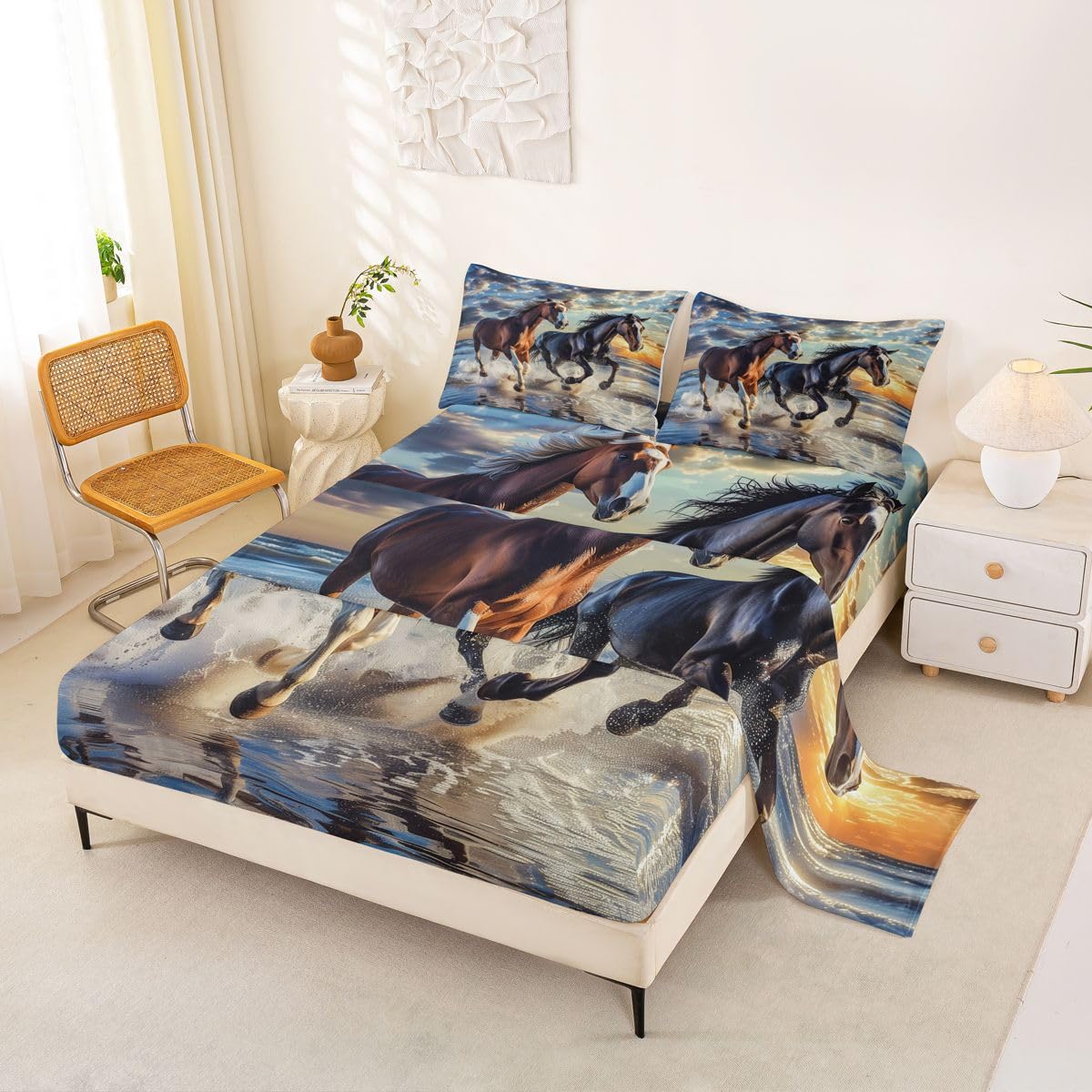jejeloiu Horse Bed Sheets Set Queen Size Galloping Horse Bed Set for Kids Boys Girls Cute Animal Decor Deep Pocket Fitted Sheet Western Farmhouse Breathable Soft Lightweight Microfiber