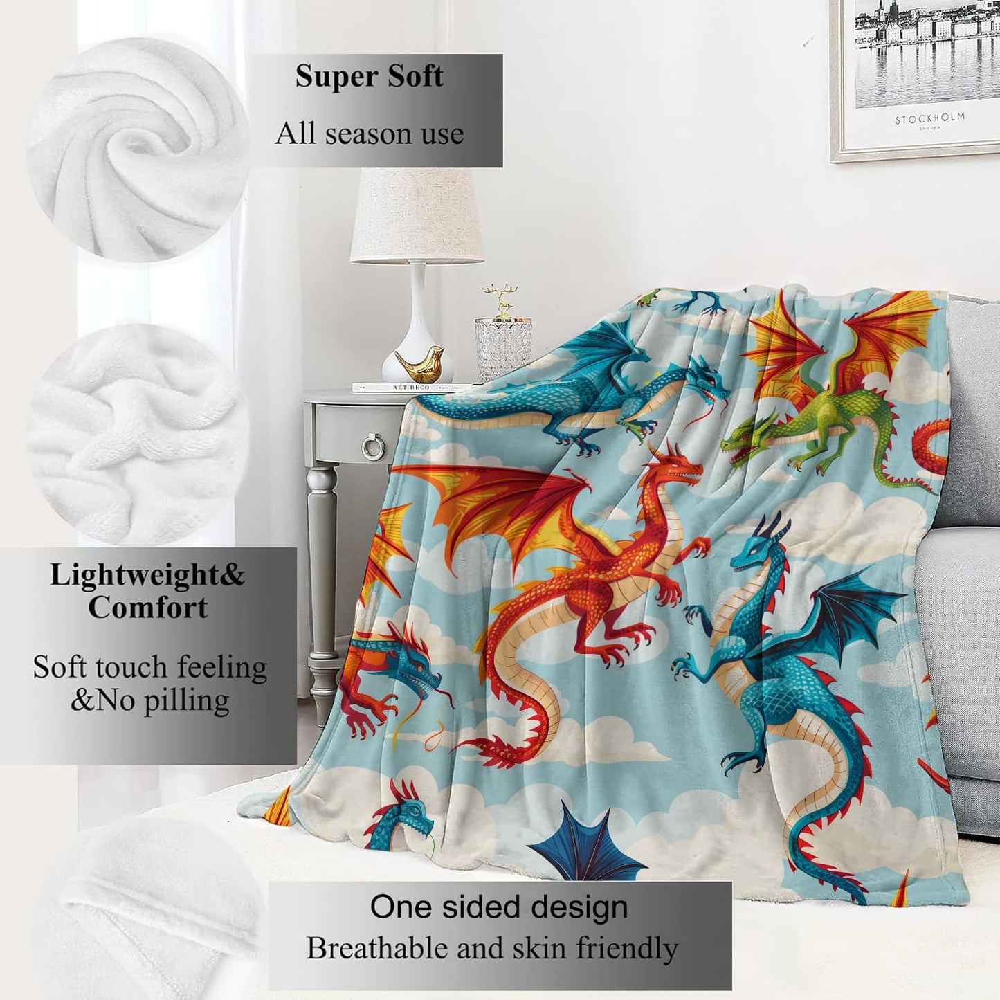 VODRM Dragon Blanket,50x60in,Cute Fire-Breathing Dragons in Sky Throw Blankets,Gifts for Kids Girls Boys, Lightweight Soft Fleece Cozy,for Sofa Couch Bed Room Travel Adventure Decor