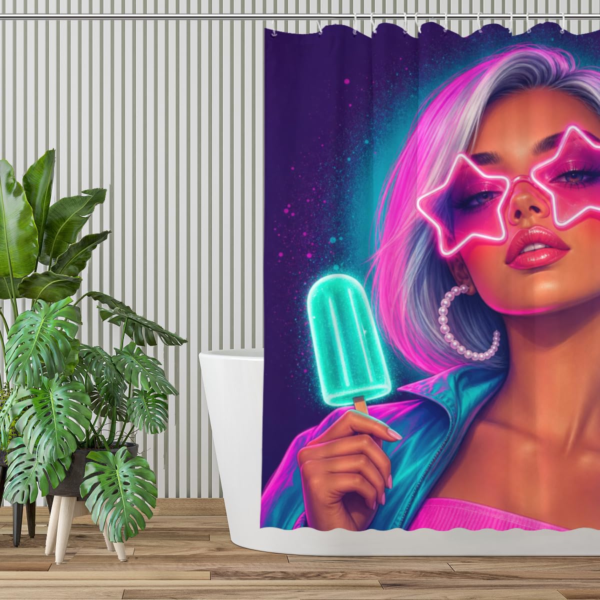 TopPacific Star Sunglasses Woman Shower Curtain 72x72 Inch Shower Curtain with 12 Hooks Polyester Woman Star Sunglasses Popsicle Purple Neon Background Bathroom Decor