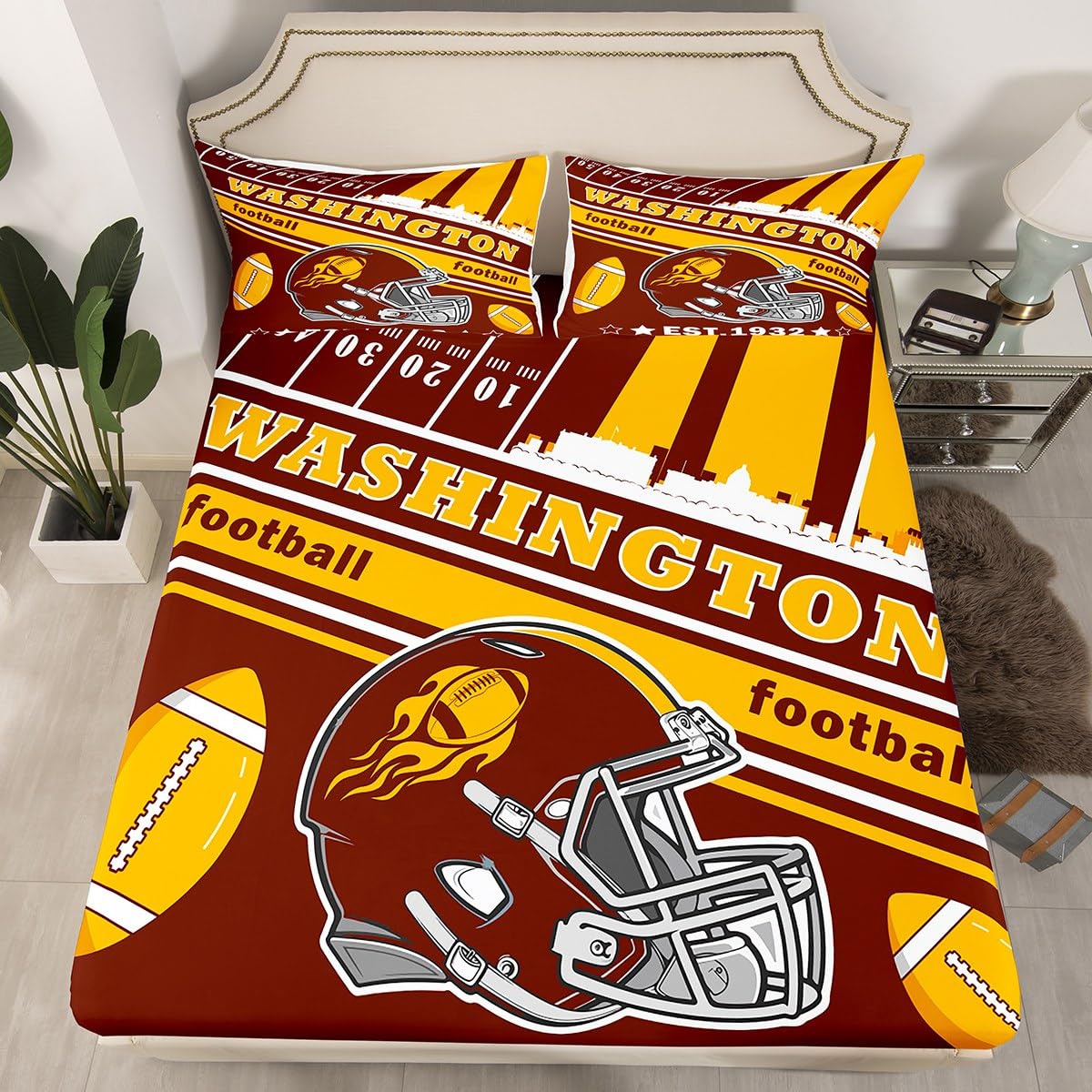 Feelyou Football Bed Sheets Set Boys Twin Size Women Men Football City Fitted Sheet with 16 Inch Deep Pockets Rugby Sports Bedding Set