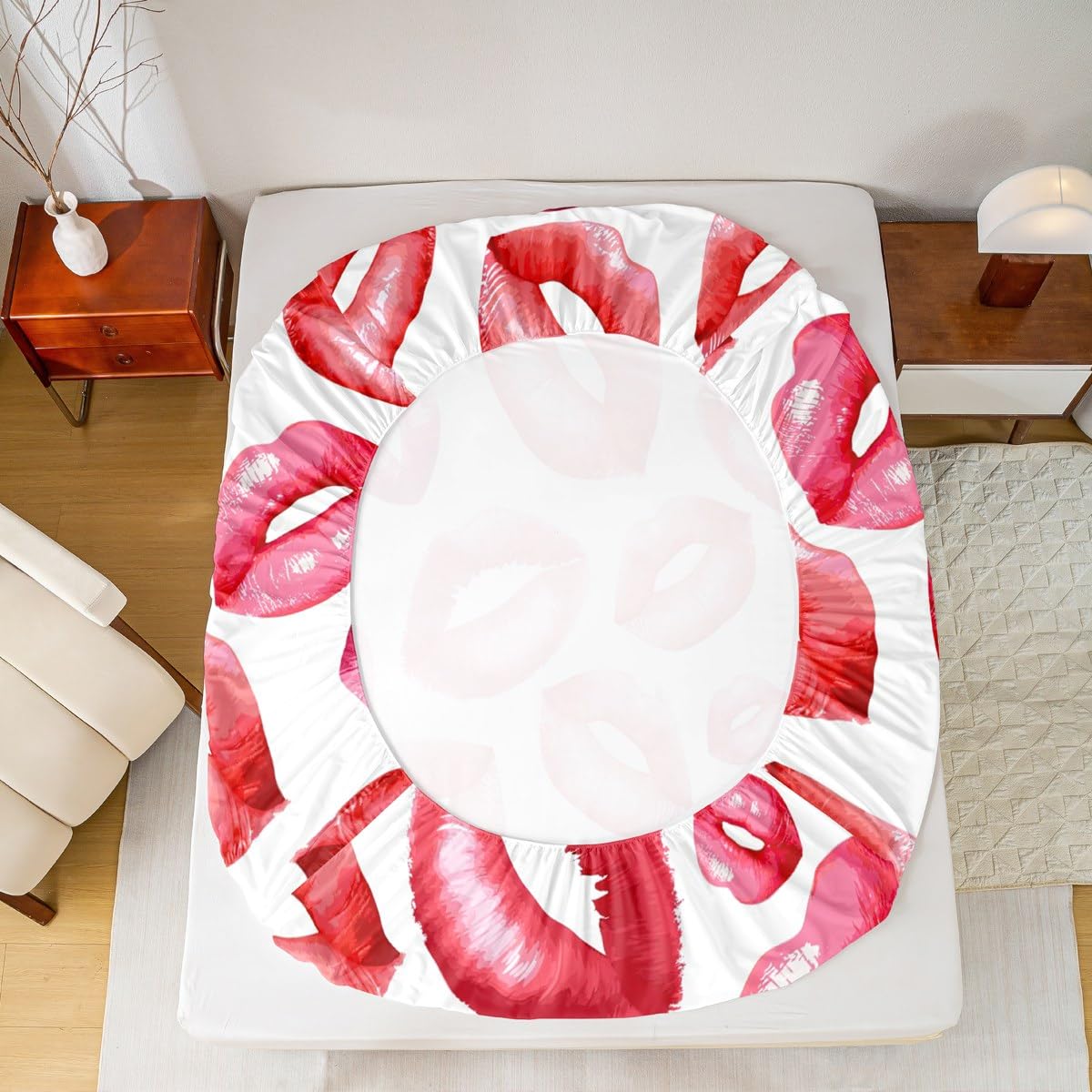Feelyou Sexy Lips Bed Sheet Set for Girls Woman Kiss Fitted Sheet Feminine Red Lips Bedding Set Lipstick Print Bed Cover Luxury Bedroom Decor 3Pcs Sheets Queen Size Red White