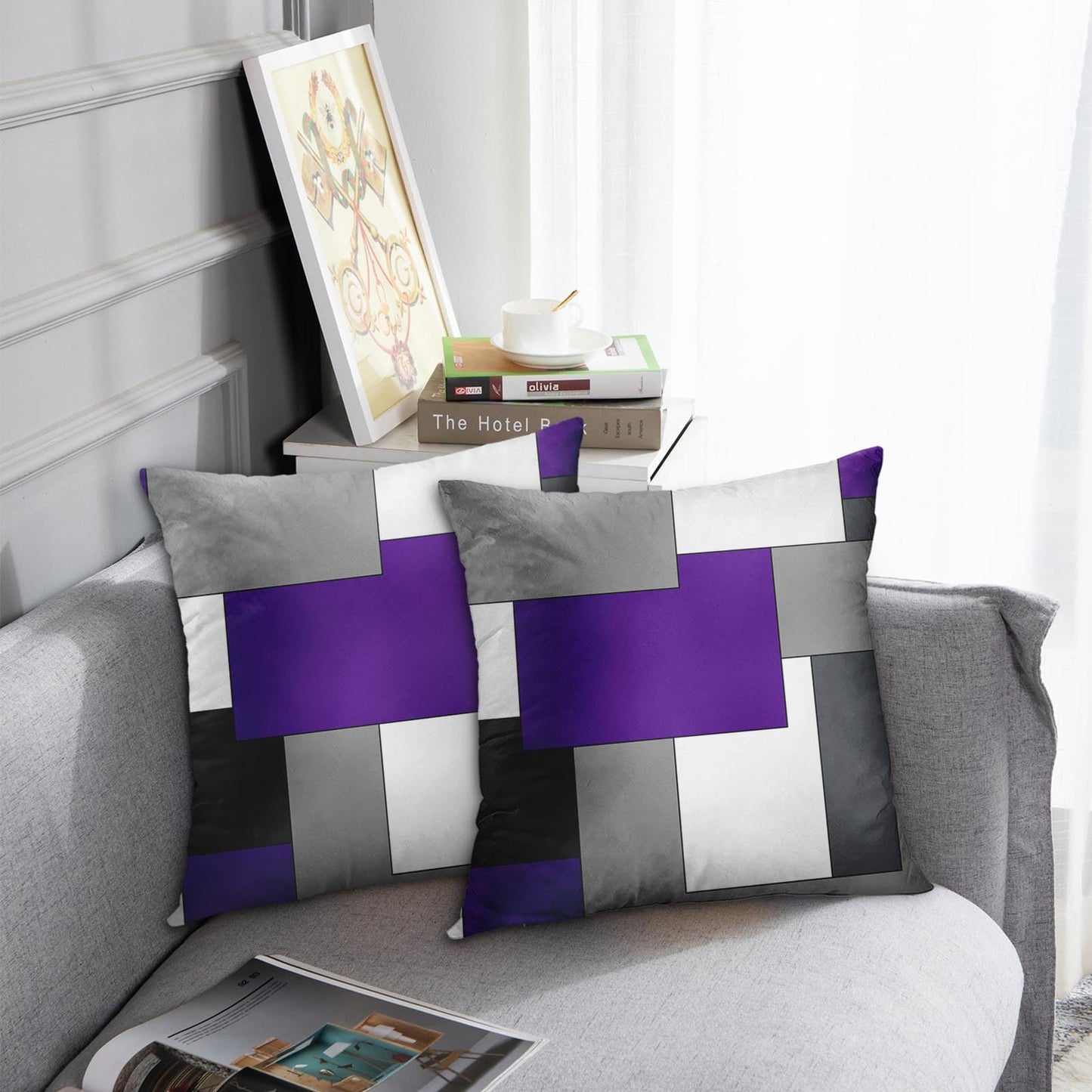 Emvency Set of 2 Purple Geometric Throw Pillow Cover Black Grey White Painting Abstract Checkered Design Decorative Pillow Case Modern Home Decor Standard Square 18x18 Inch Cushion Pillowcase