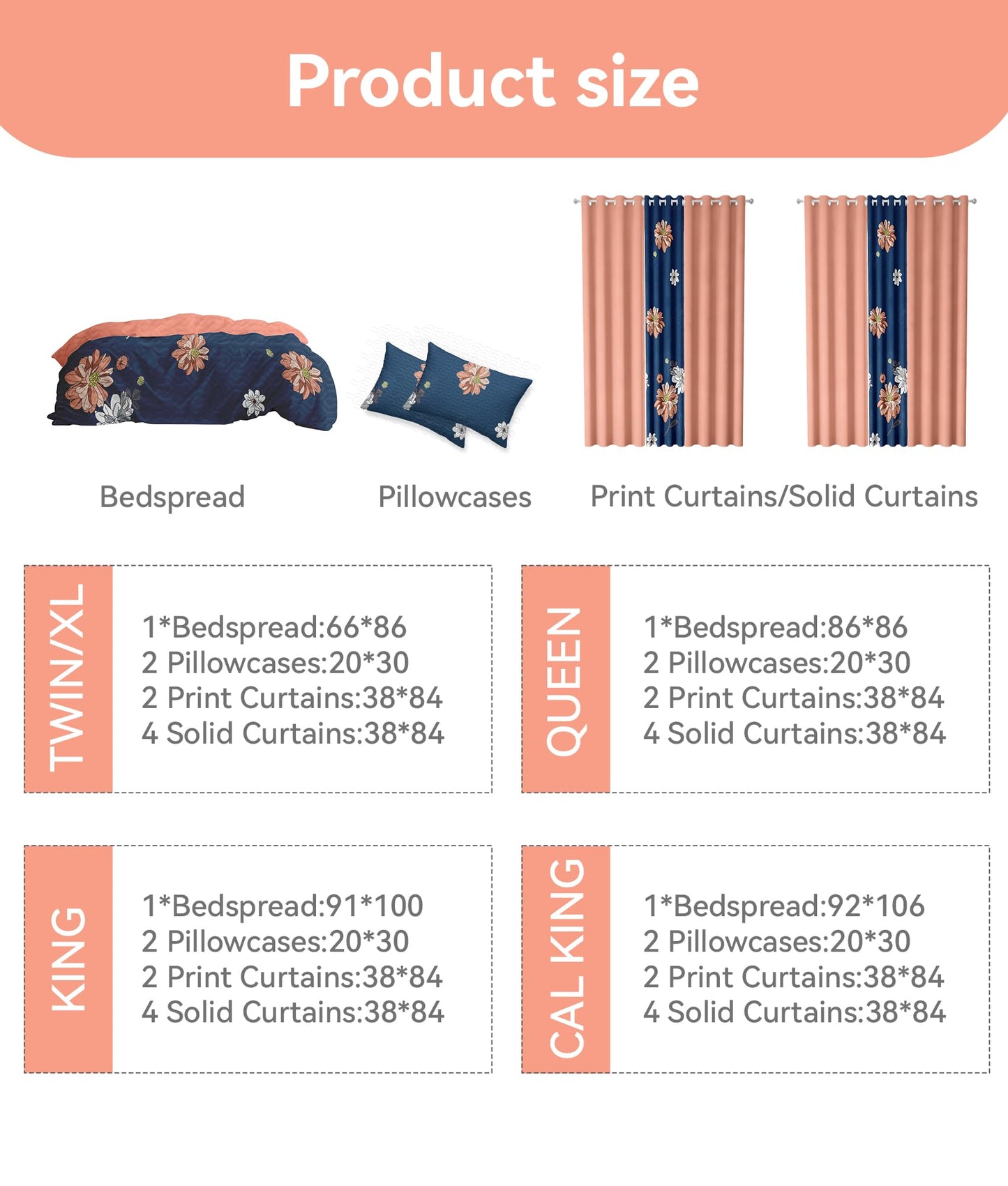 Reylox 9 Pcs King Bed in A Bag with Curtains | Navy/Orange Floral Bedspread, 2 Pillowcases, 2 Print & 4 Solid Curtains | Microfiber, Moisture-Wicking | Bedroom | King Size Comforter Set with Curtains