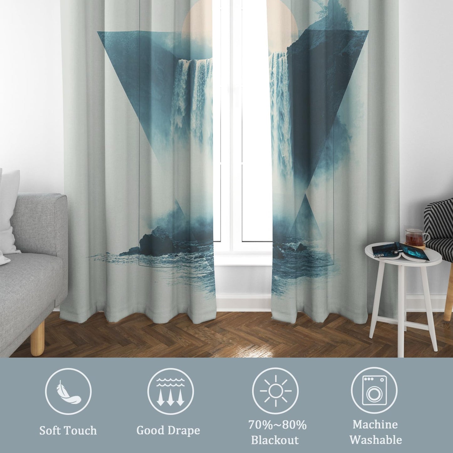Flumoxa Landscape Blackout Curtains 39 Inches Long 2 Panels Set, Moon Mountain Waterfall Geometric Curtains for Bedroom Living Room Kitchen Window, Landscape Home Decor Drapes