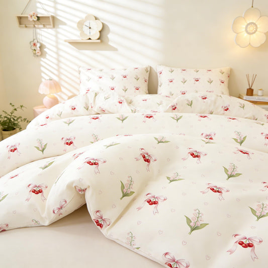 Pink Duvet Cover Queen Size Floral Bow Cherry Printed on White Duvet Cover Set Love Pattern Bowknot Heart Spring Romantic Green Botanical Princess Kawaii Soft Microfiber Bedding Set Kids Boys Girls