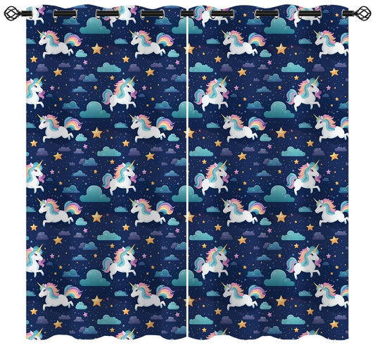 Cute Unicorn Blackout Curtains for Girls Boys Kids Home Decor, Fantasy Cartoon Unicorn Stars Clouds Grommet Thermal Insulated Drapes Darkening Window Curtain for Bedroom Living Room, 42 x 45 Inch
