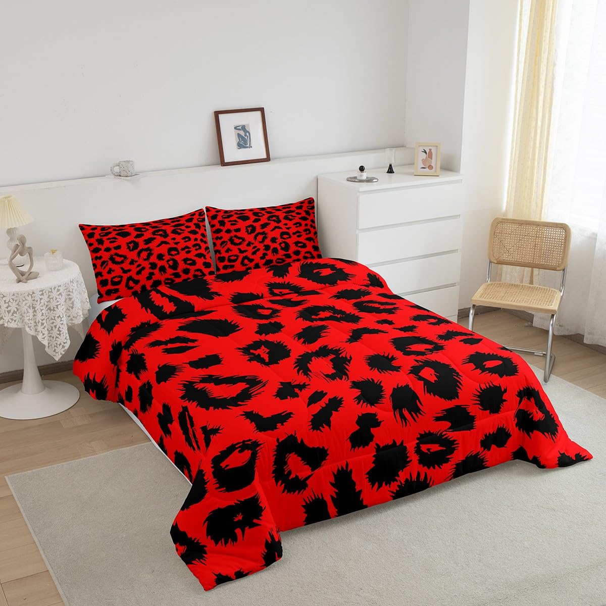 Erosebridal Cheetah Print Comforter Set Twin,Red and Black Leopard Down Comforter for Kids Boys Girls Bedroom,Afric Safari Animal Print Bedding Set Retro Wildlife Bedding Quilt Sets 1 Pillow Case