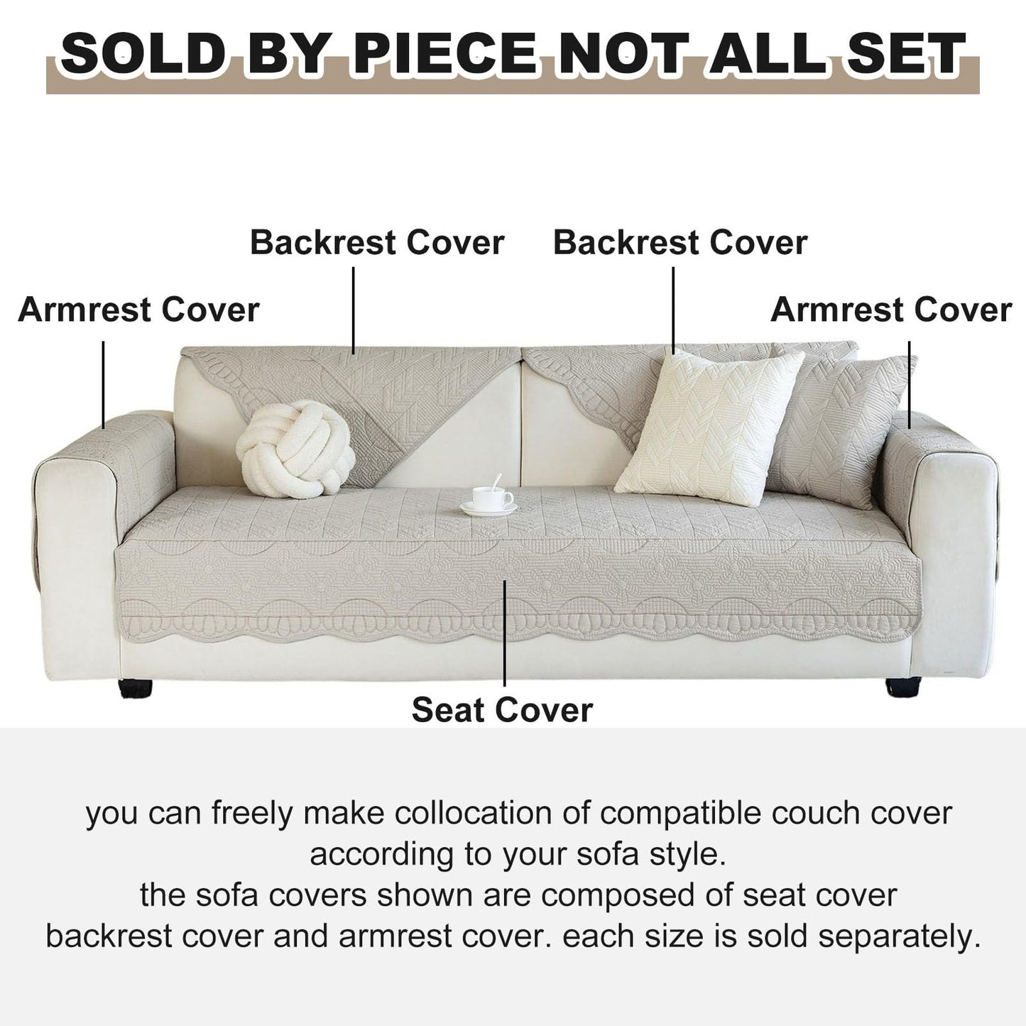 XSlive Cotton Quilted Pet Couch Covers for Sofa Farmhouse Rustic Floral Embroidery Sectional Couch Cover Soft Anti-Slip Sofa Slipcover Furniture Protector for Kids, Dogs, Pets (Khaki,28"x28")