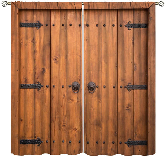 ICMOLYYENLO Rustic Wooden Curtains - Vintage Barn Door Farmhouse Cottage Decorative Country Living Room Style Printed Curtains 42x45 inches