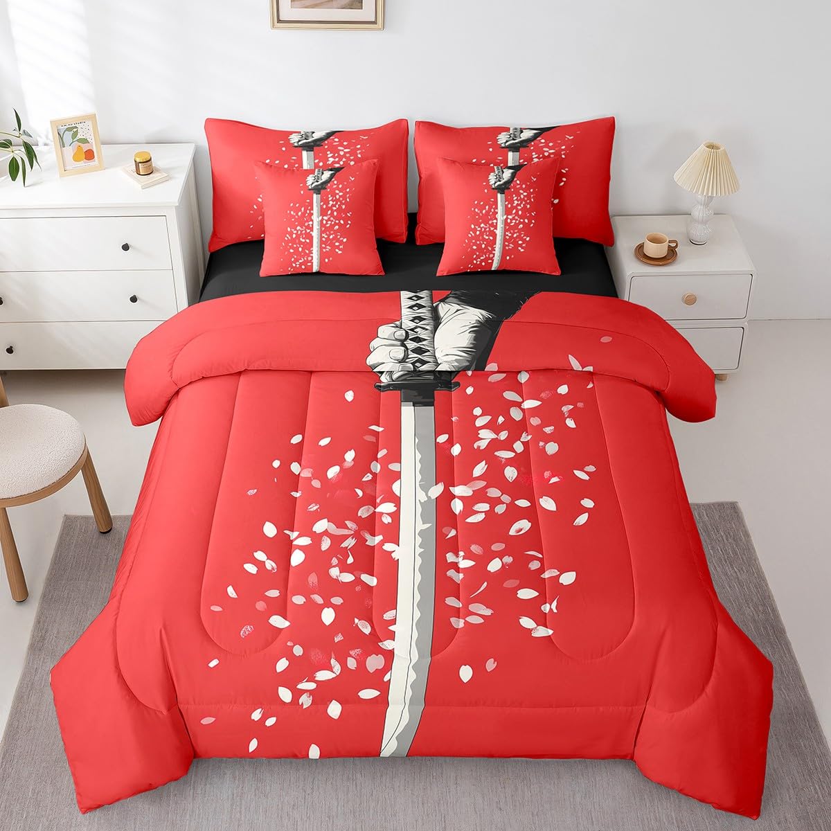 Erosebridal Samurai Sword Comforter Set Twin,Cherry Blossom Bedding Set 7Pcs for Kids Boys Men,Red White Flower Floral Bed in a Bag