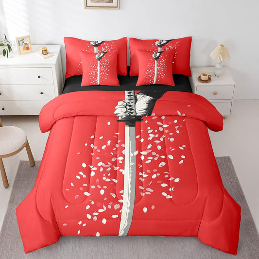 Erosebridal Samurai Sword Comforter Set Twin,Cherry Blossom Bedding Set 7Pcs for Kids Boys Men,Red White Flower Floral Bed in a Bag