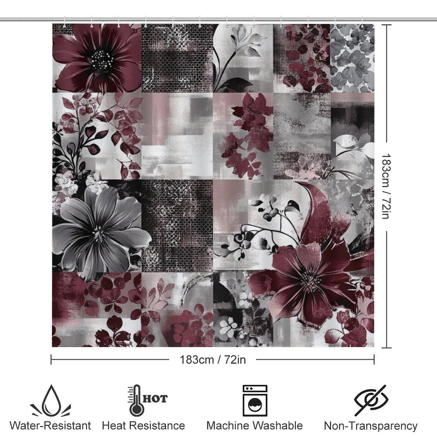 DIPQIMI 4Pcs Red Grey Flower Shower Curtain Sets with Rugs, Toilet Lid Cover and Bath Mat, Beautiful Patchwork Botanical Bathroom Shower Curtains Set with 12 Hooks