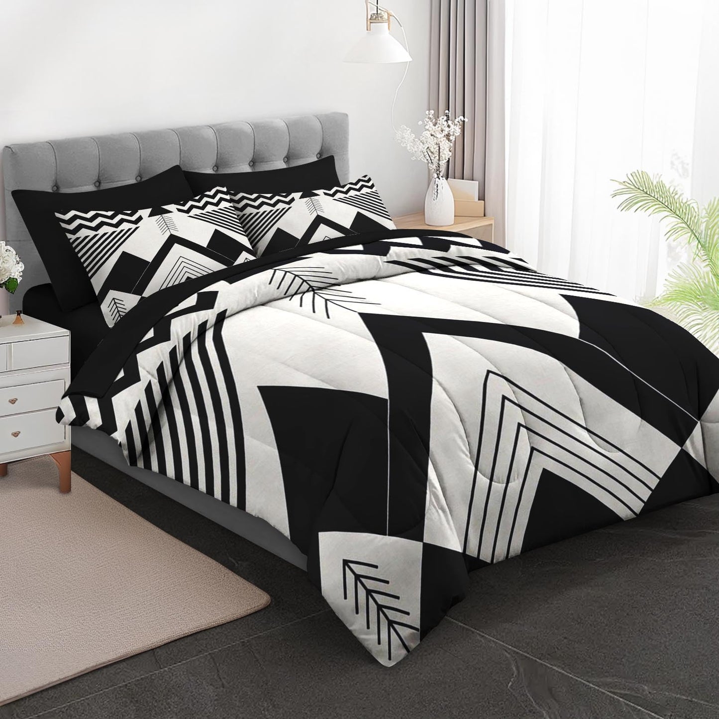 Boewywh Comforter Set Twin Size Mountain Geometric Boho 7 Pcs, Bedding for Kids and Adults, Aztec Black Bed Sheet Sets with Fitted Sheet 2 Pillowcases & 2 Shams for Bedroom Bed Decor