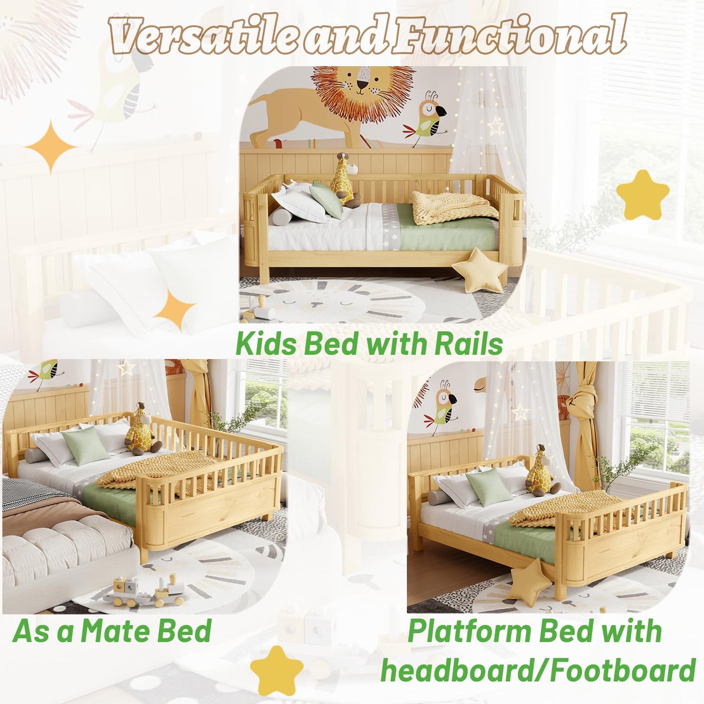 OYUMOENTS Full Size Kids Bed Frame, Low Profile Montessori Bed Full with Rails, Wood Daybed for Girls & Boys, No Spring Box Required, No Squeaks, Natural