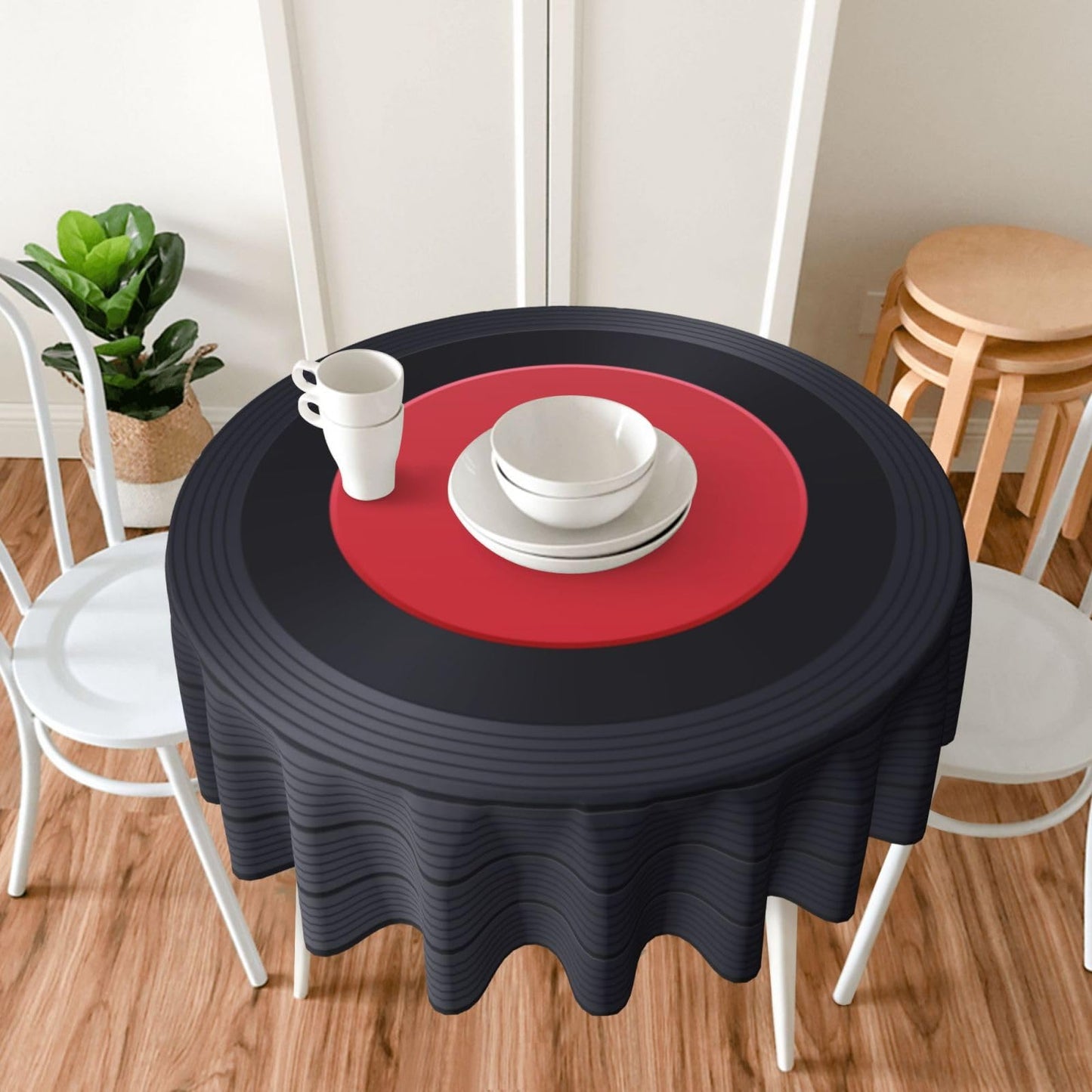 mutakin Record Round Tablecloth Music Disk Table Cloth Washable Reusable Decoration Table Cover for Kitchen Party 60 Inch
