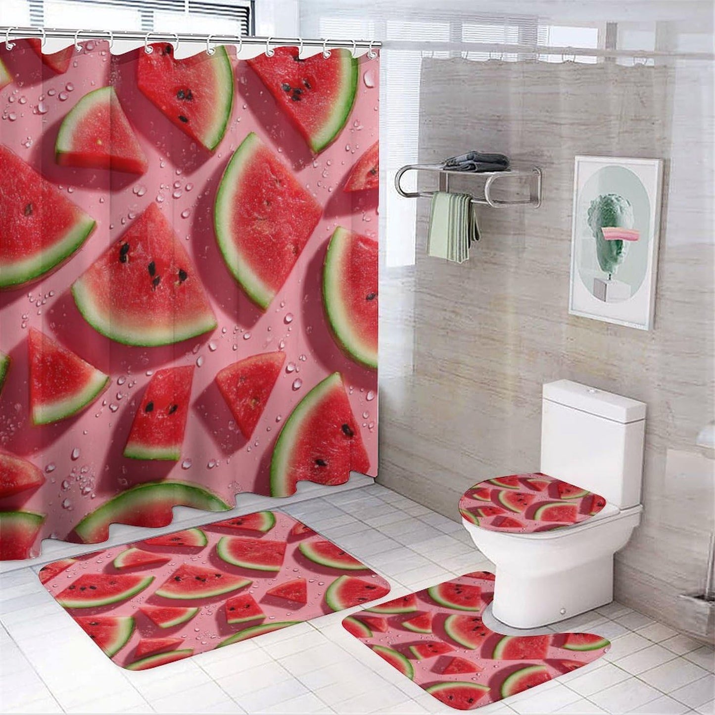 INSFBRB Modern Colorful Watermelon Shower Curtain Sets with Rug,Toilet Lid Cover and Bath Mat,Rustic Realistic Summer Fruit Watermelon 4 Piece Bathroom Set