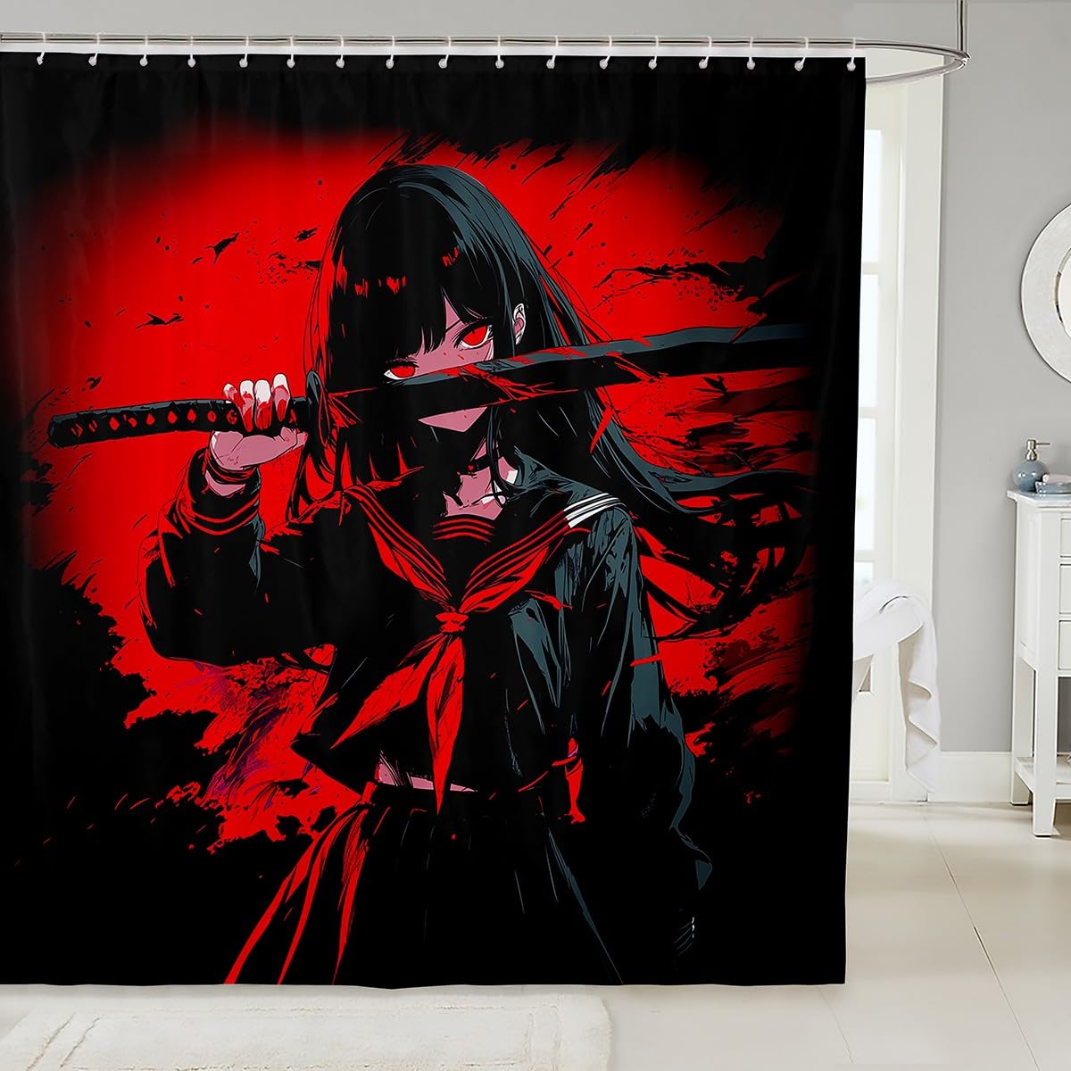 Erosebridal Japanese Anime Fabric Shower Curtains for Kids, Anime Girl Bath Curtain Japanese Girl Shower Curtain for Girls Teens, Kawaii Animation Red Black Bathroom Accessories, 72" W X 78" L