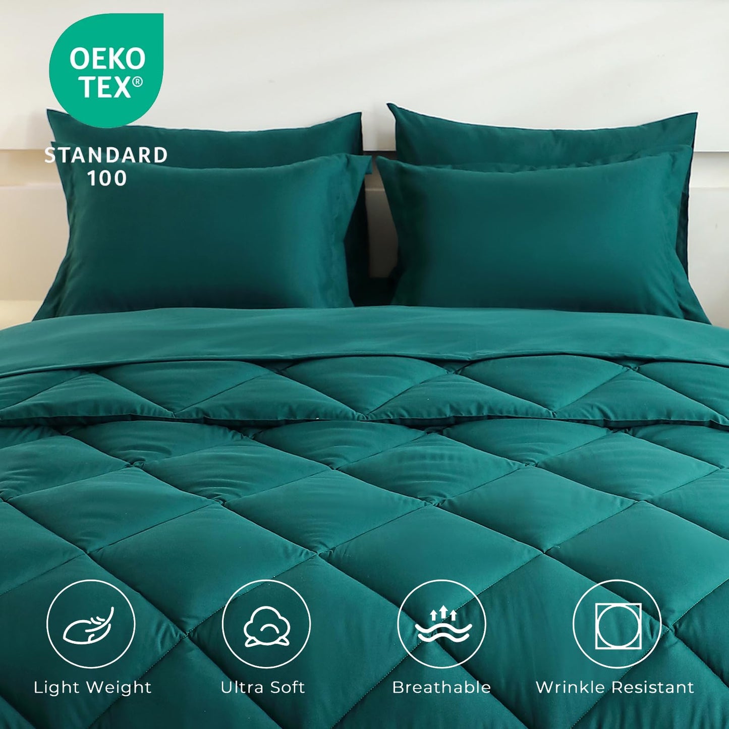 FISHDRU Bed in a Bag 7 Pieces, Luxury Soft Bed Set for All Seasons, Bedding Set with Down Alternative Comforter, Sheets, Pillowcases & Shams (Green, Queen)