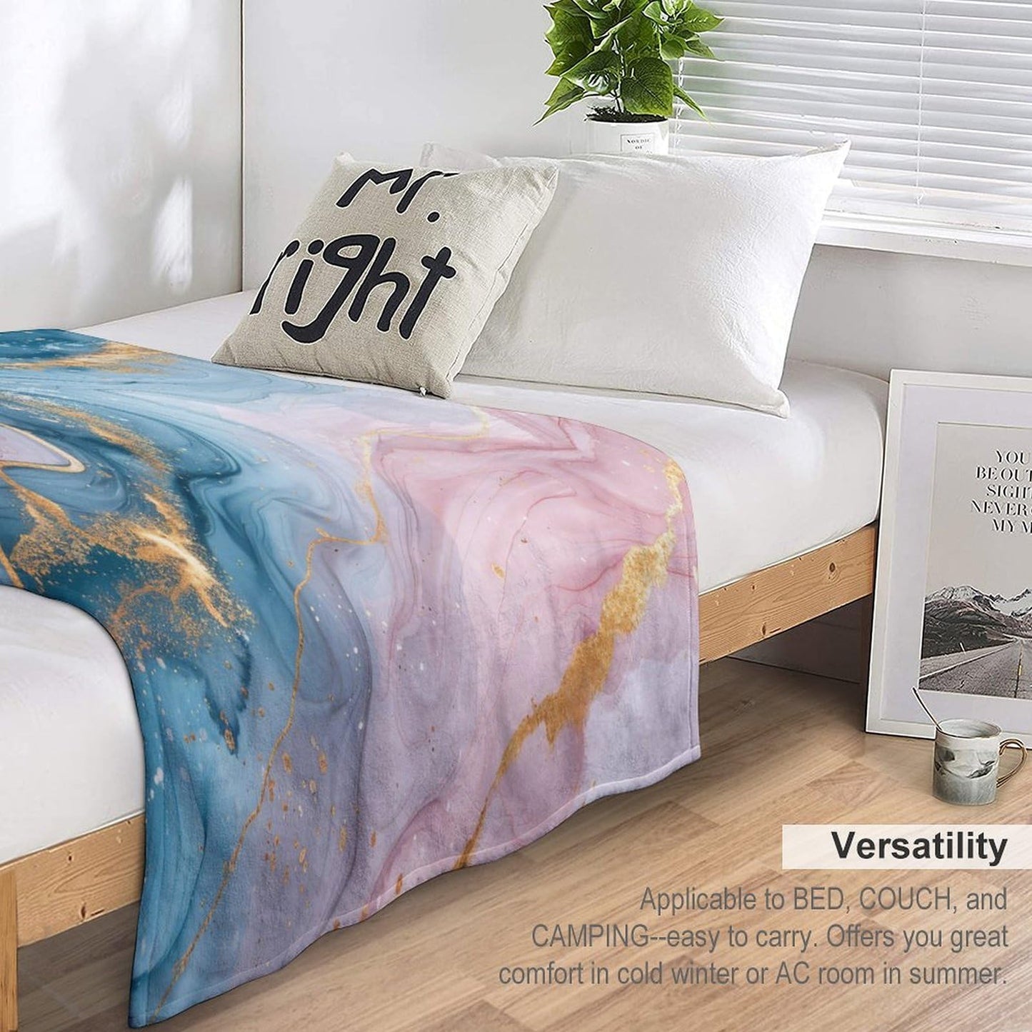 Marble Fleece Throw Blanket, Modern Luxury Foil Texture Pink Blue Gold Marble Super Soft Warm Blanket for Bed & Couch 40"x50", Cozy Fuzzy Throw Blanket for Travel Camping