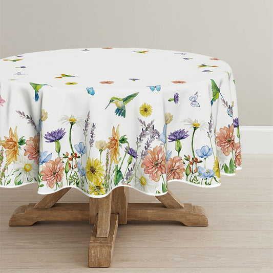 Horaldaily Spring Summer Tablecloth 60×60 Inch Round, Floral Flowers Butterfly Birds Washable Table Cover for Party Picnic Dinner Decor