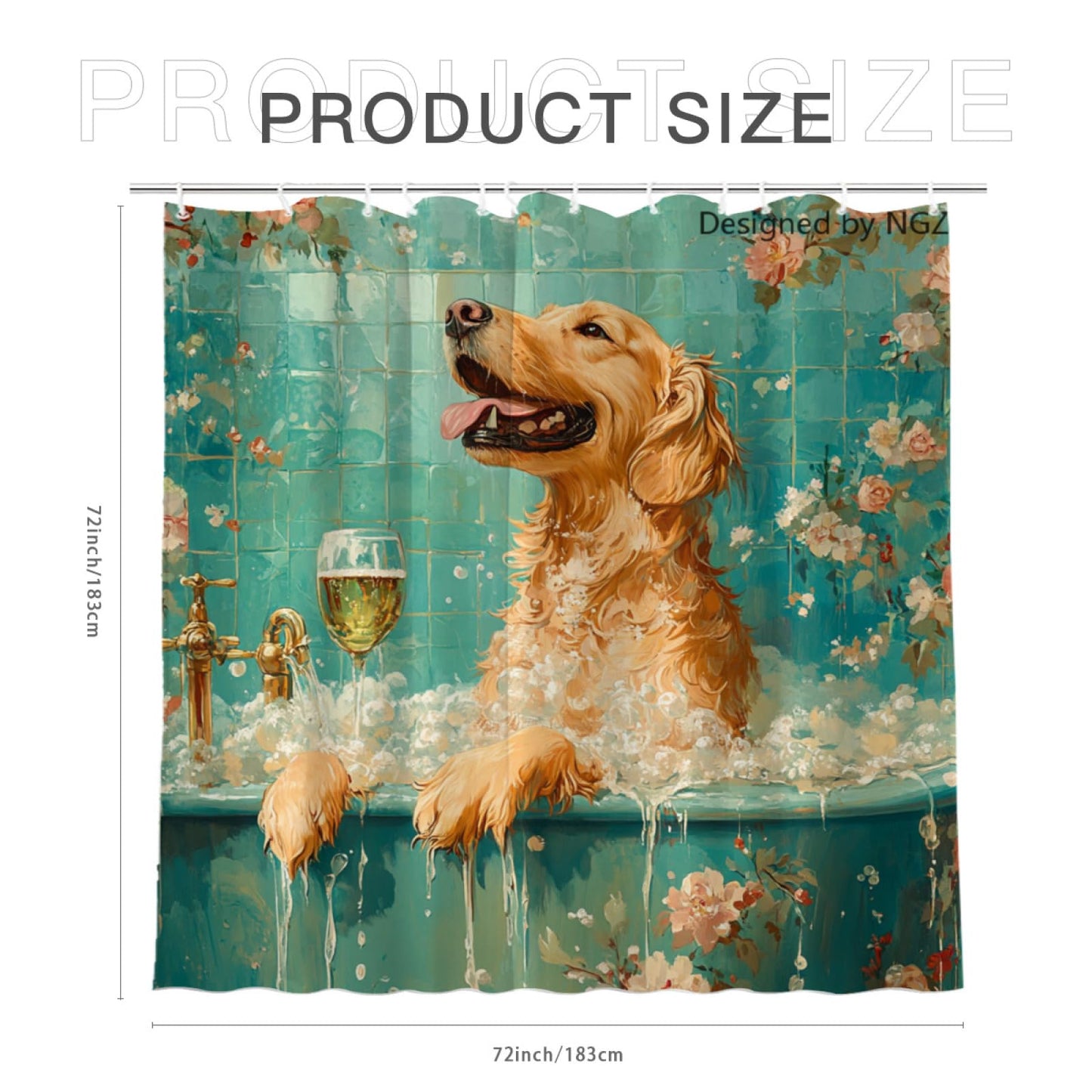 NGZ Funny Golden Retriever Teal Shower Curtain, SPA with Wine, Green Shower Curtain, 72x72 Inches Shower Curtains for Bathroom, Bath Curtains Set with 12 Hooks