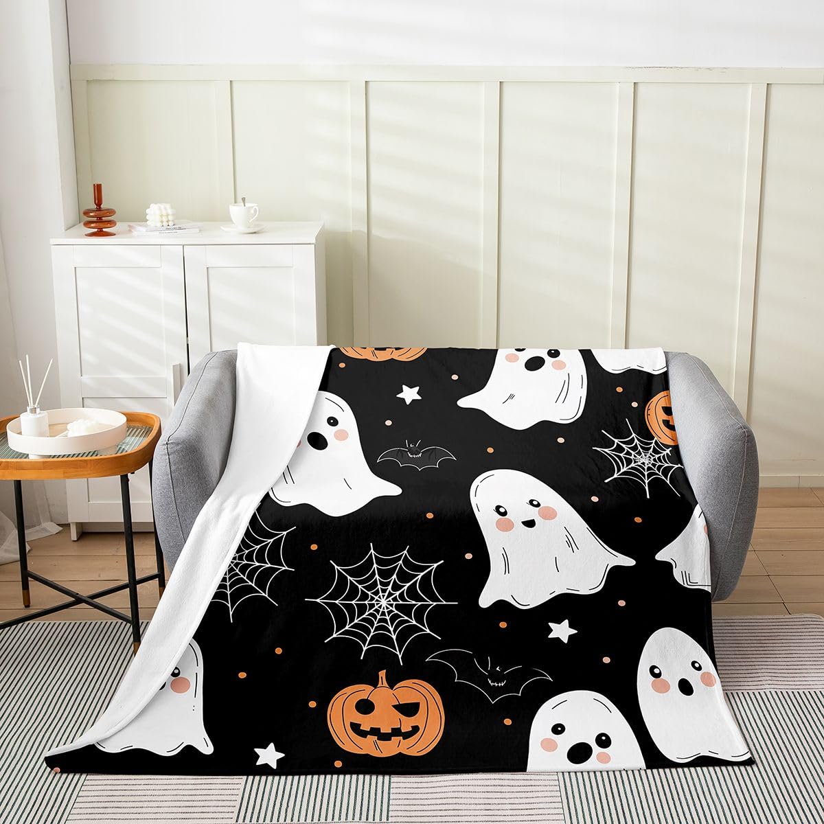 Feelyou Ghost Flannel Blanket Plush Fuzzy Halloween Themed Fleece Throw Blanket for Boys Girls Trick or Treat Plush Lightweight Sofa Throw Spooky Pumpkin 40"x50" for Bed Couch Chair Living Room