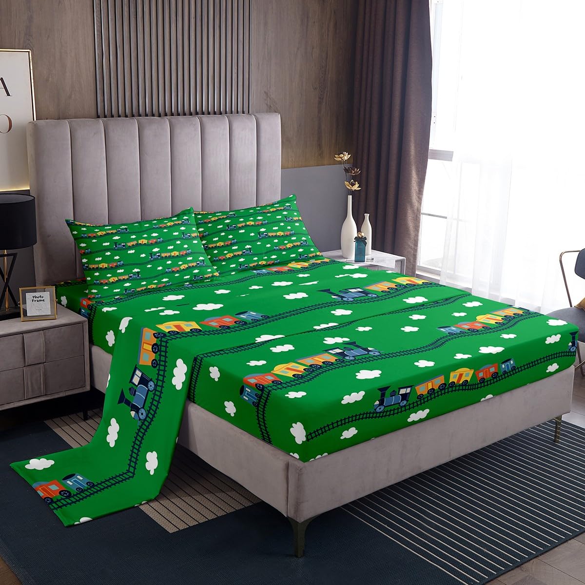 Erosebridal Locomotive Train Sheet Set Queen,Cartoon Steam Engine Truck Sheets for Boys Girls Colorful Railway Car Vehicles Bed Sheets Set with 2 Pillowcases