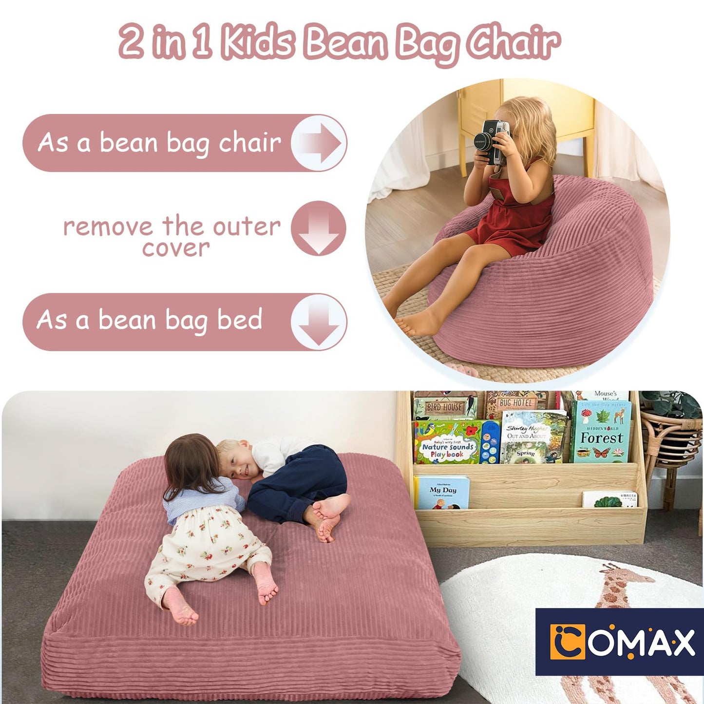 COMAX Kids Bean Bag Chair Turn into Beanbag Bed, Toddler Bean Chair Corduroy for Girl Boy Sleeping, Lazy Children Bean Bags with Filler, Convertible Child Floor Mattress, Light Pink