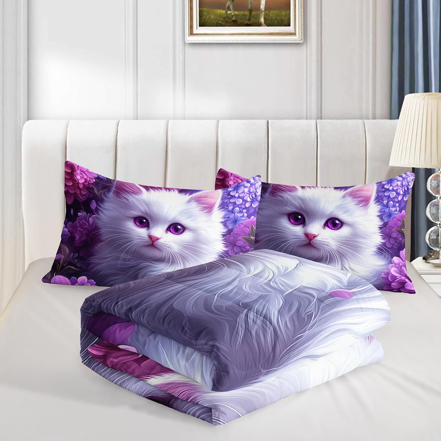 HOSIMA Cat Twin Bedding Sets for Girls Room Decor,Cat Surrounded by Flowers Print Lightweight Cute Comforter,Fluffy Animal Themed Princess Bedding for Kids Teens with 2 Pillowcases.