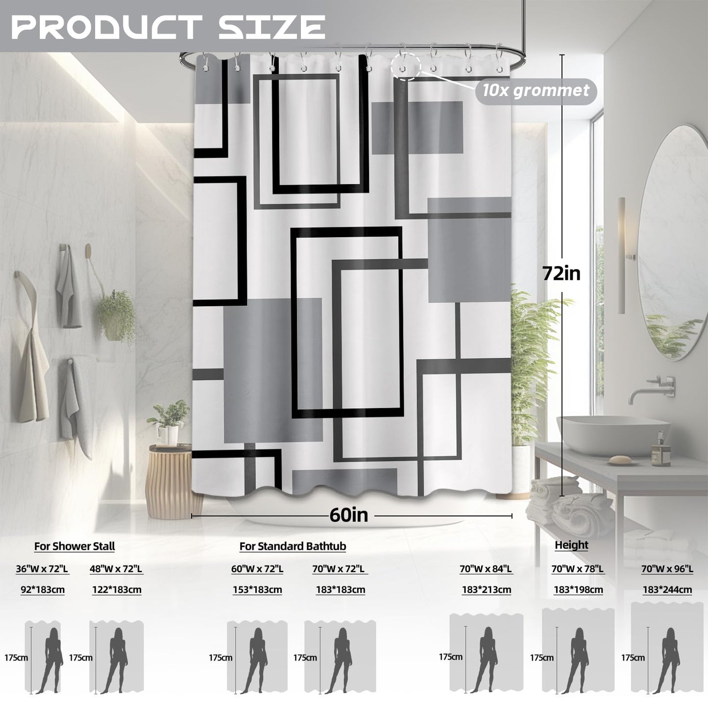 Yieldeer Grey Geometric Shower Curtain for Bathroom Decor, 70 x 72 Inch