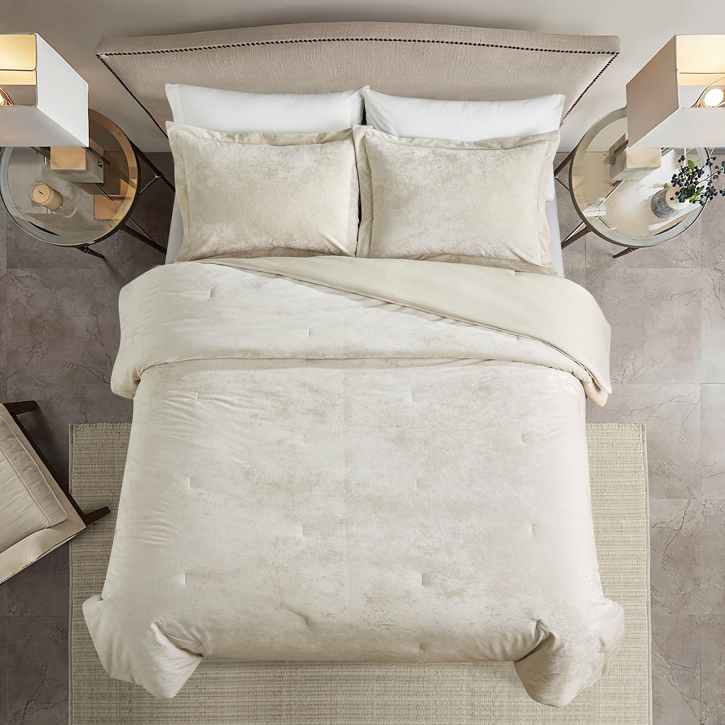 HUMESIIL Luxury Velvet Queen Comforter Set, 3 Pieces Reversible Comforters Queen Size with 2 Pillow Shams, Brushed Solid Microfiber Back, All Season Cozy, Soft, Warm, Lightweight (Beige, 90x90 Inch)