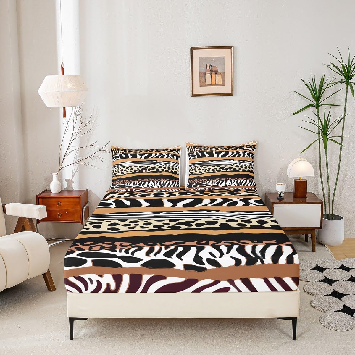 jejeloiu Leopard Fitted Sheet Twin Size for Kids Boys Girls Black Zebra Bed Sheets Set 16" Deep Pocket Soft Microfiber Cheetah Zebra Stripes Bedding with 1 Pillowcase Safari Fur Print Room Decor