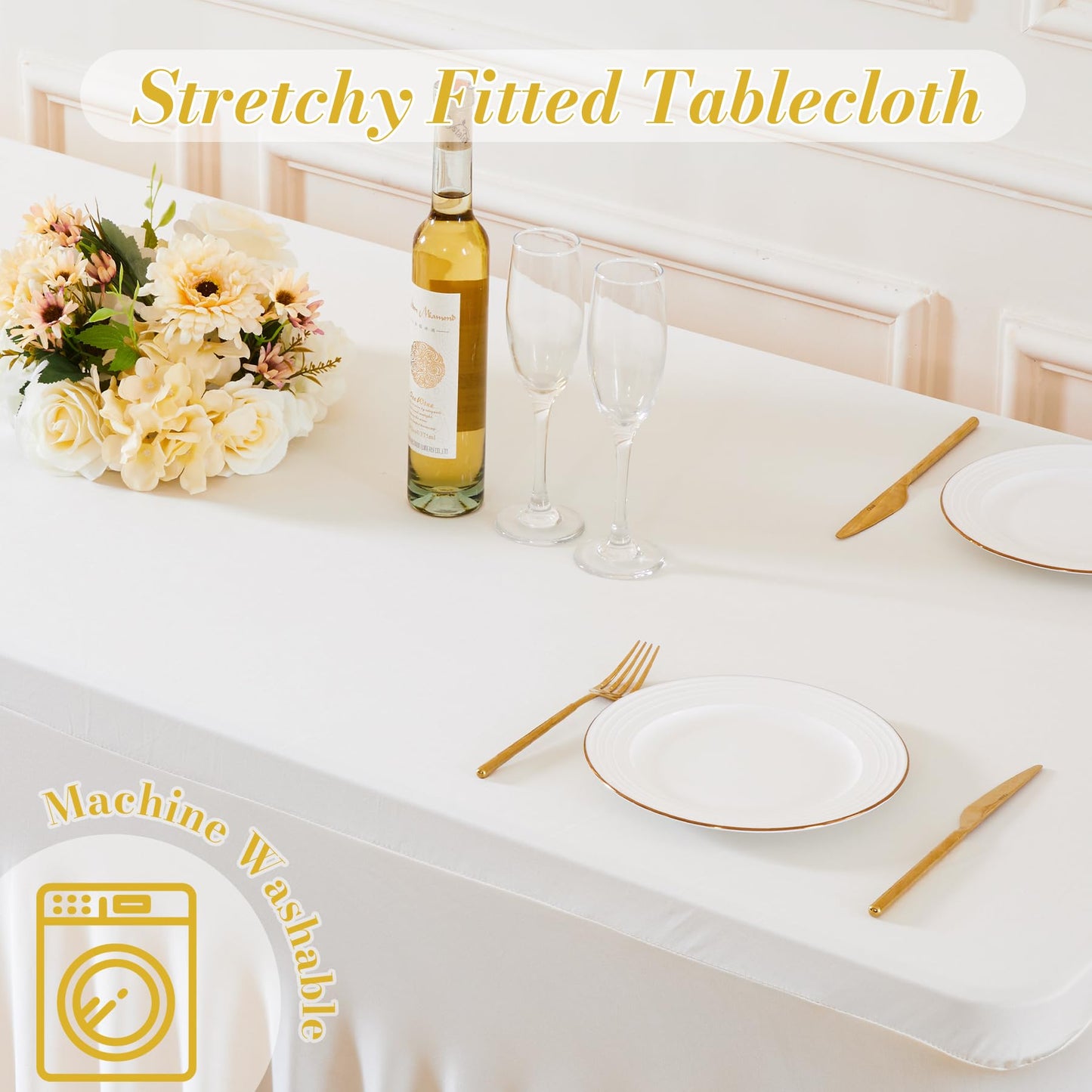 Besutolife 2 Pack Ivory Spandex Tablecloth for 6ft Rectangle Tables Fitted Table Cloth Stretch Table Covers Skirt 6ft Rectangular Tablecloths for Banquet Parties Wedding Decorations