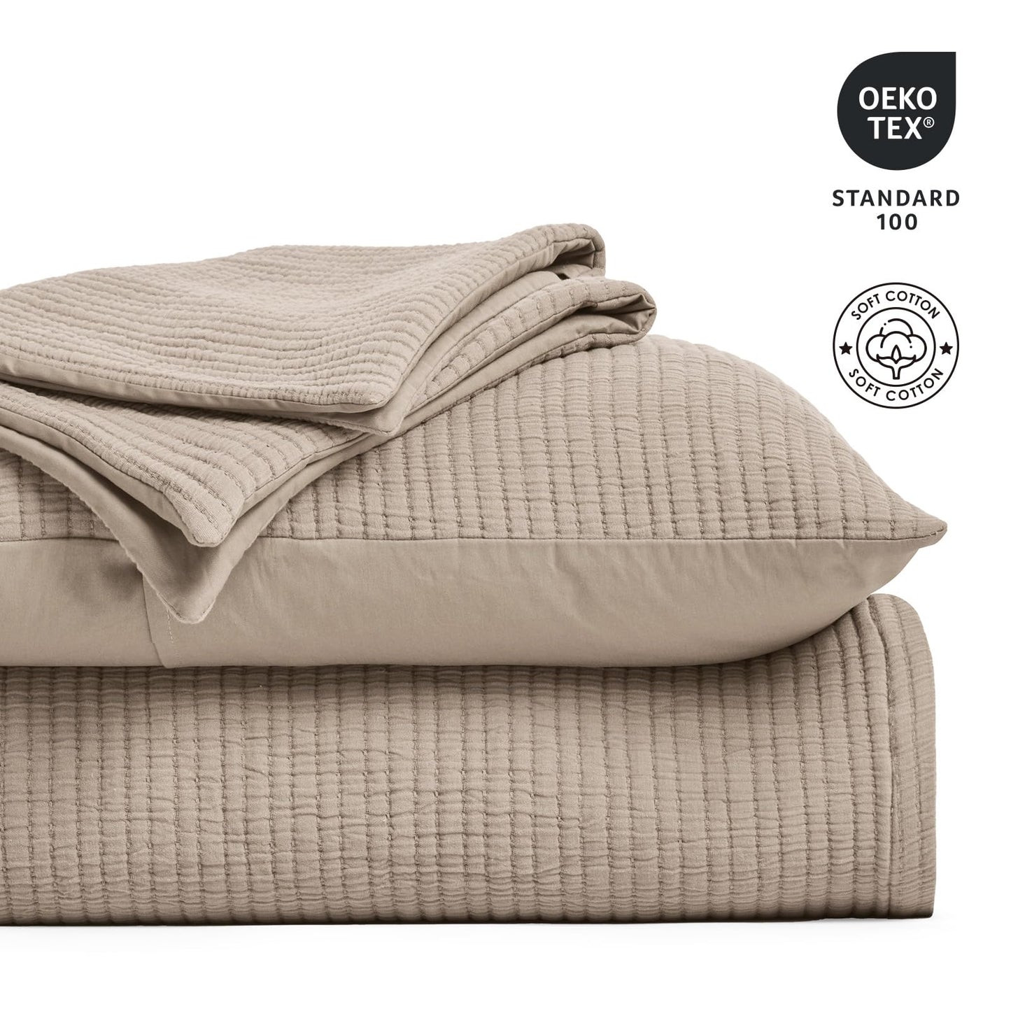 EVERGRACEHOME Cotton Gauze King Bedspread, Ultra Soft Prewashed Pick Stitch Matelassé Coverlet, Lightweight Textured Oversized King Quilt Bedding Set for All Season, with 2 Shams, Khaki Tan