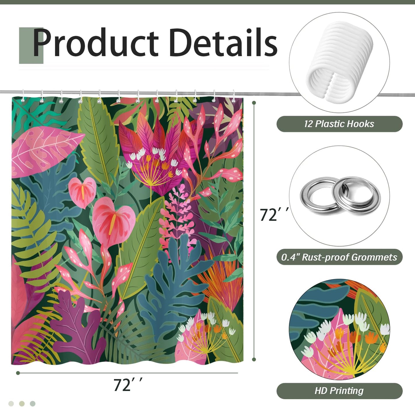Boho Tropical Floral Shower Curtain, Green and Pink Colorful Botanical Leaf Nature Asthetic Shower Curtains Set, Modern Art Dark Polyester Fabric Shower Curtains for Bathroom with Hooks 72X72IN