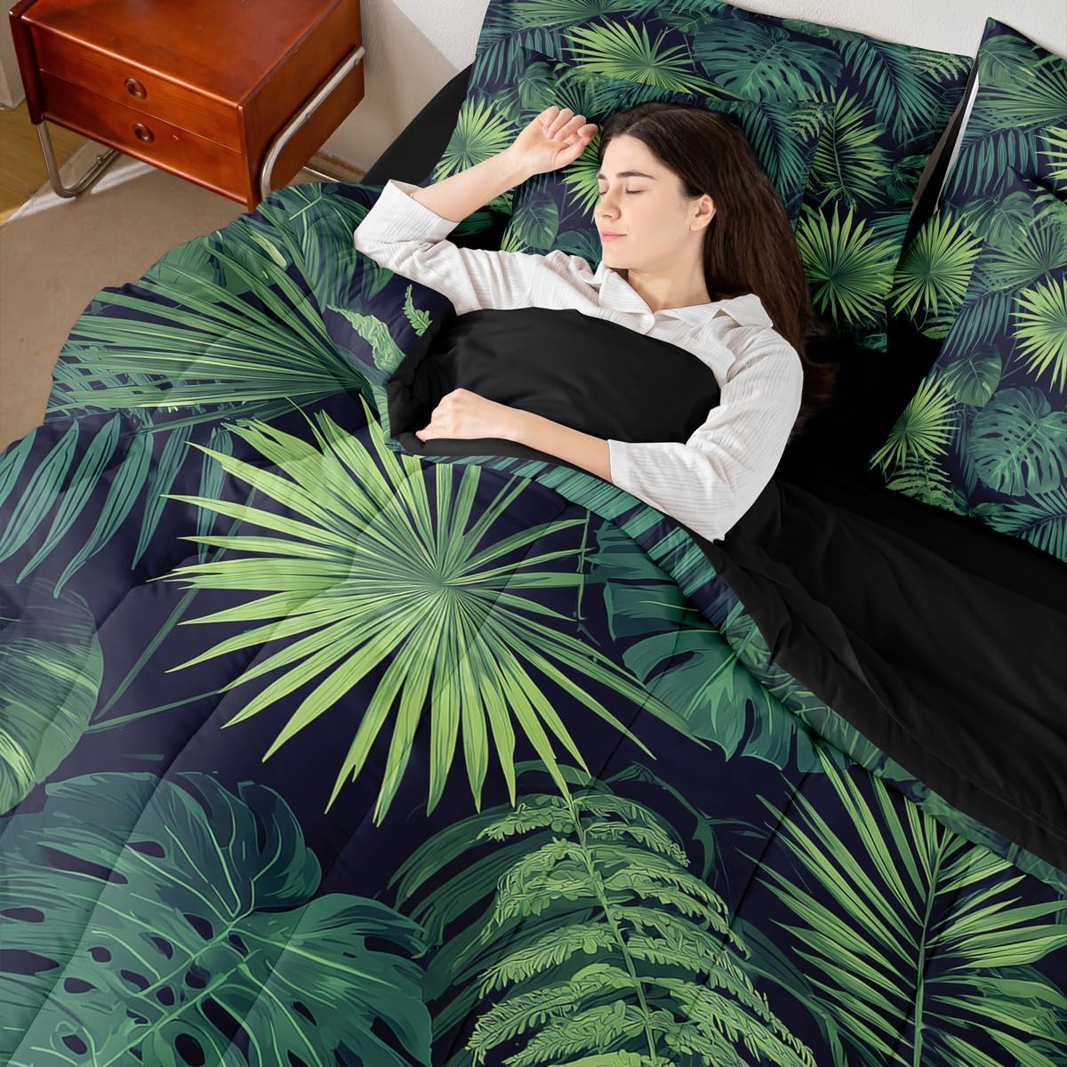 Erosebridal Palm Leaves King Comforter Set 7 Pieces, Monstera Bed in A Bag for Bedroom, Hawaii Tropical Leaves Bedding Set with Comforters, Sheets, Pillowcases Summer Boho Hippie Style Room Decor