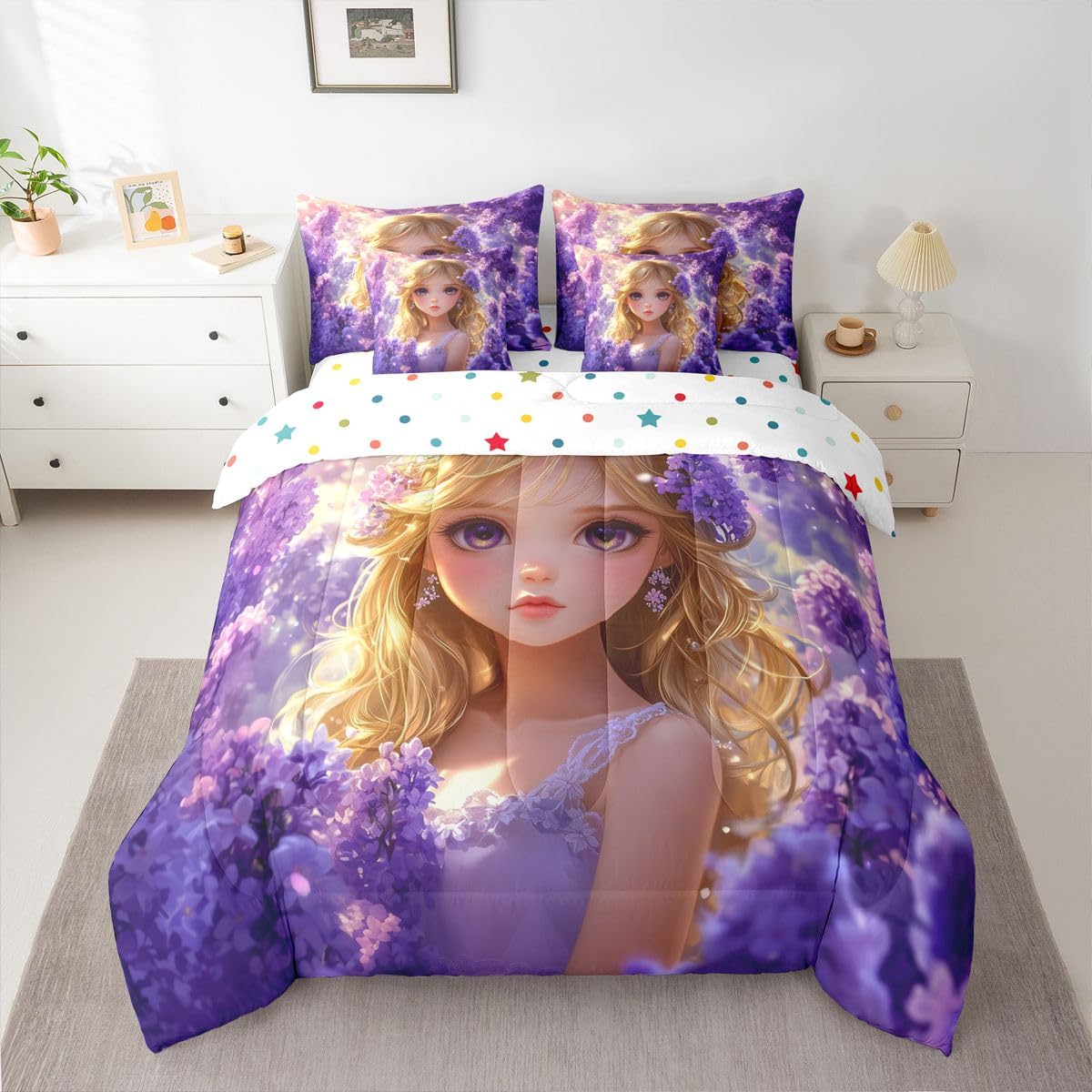 Erosebridal Japanese Anime Bed in A Bag for Kids Girls,Kawaii Lavender Girl Bedding Set Romantic Dreamy Cartoon Girl Twin Comforter Set 7 Piece Purple Aesthetic Cherry Blossom Butterfly Bed Set
