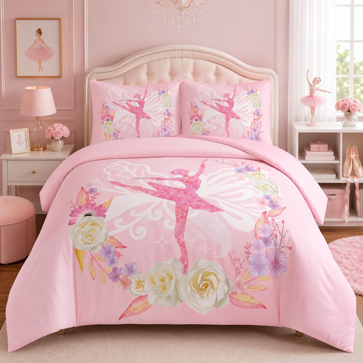 CCoutueChen Kids Comforter Set Twin Size for Girls, Pink Floral Ballerina Bedding