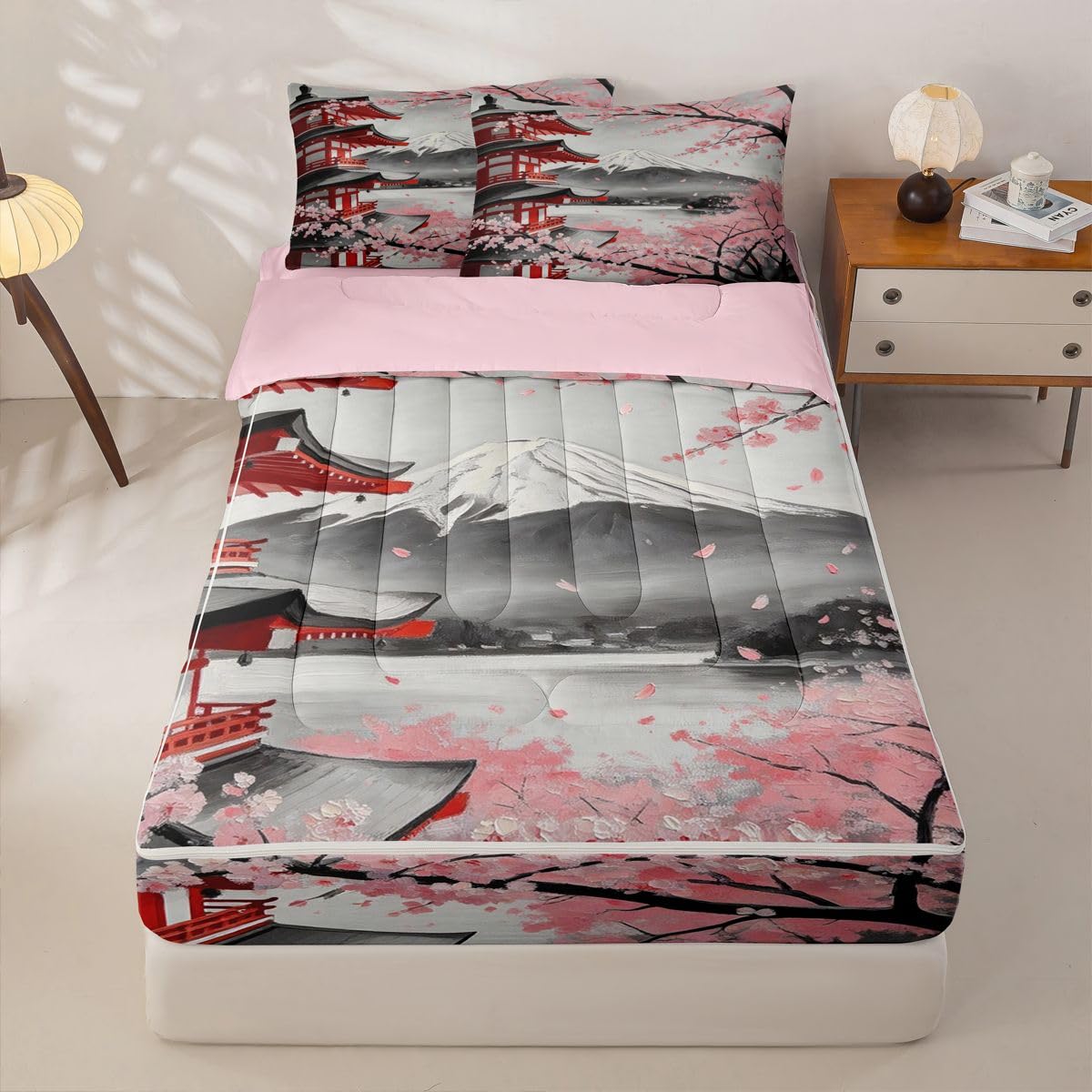 Erosebridal Japanese Cherry Blossom Kids Bedding Set Twin Pavilions Mount Fuji Zipper Comforter Set for Boys Girls Teen Pink Sakura Floral Zip Up Bedding Oil Painting Bed in a Bag Set
