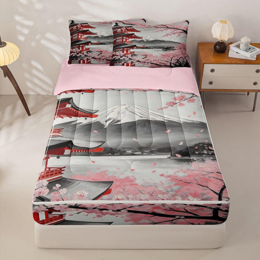 Erosebridal Japanese Cherry Blossom Kids Bedding Set Twin Pavilions Mount Fuji Zipper Comforter Set for Boys Girls Teen Pink Sakura Floral Zip Up Bedding Oil Painting Bed in a Bag Set