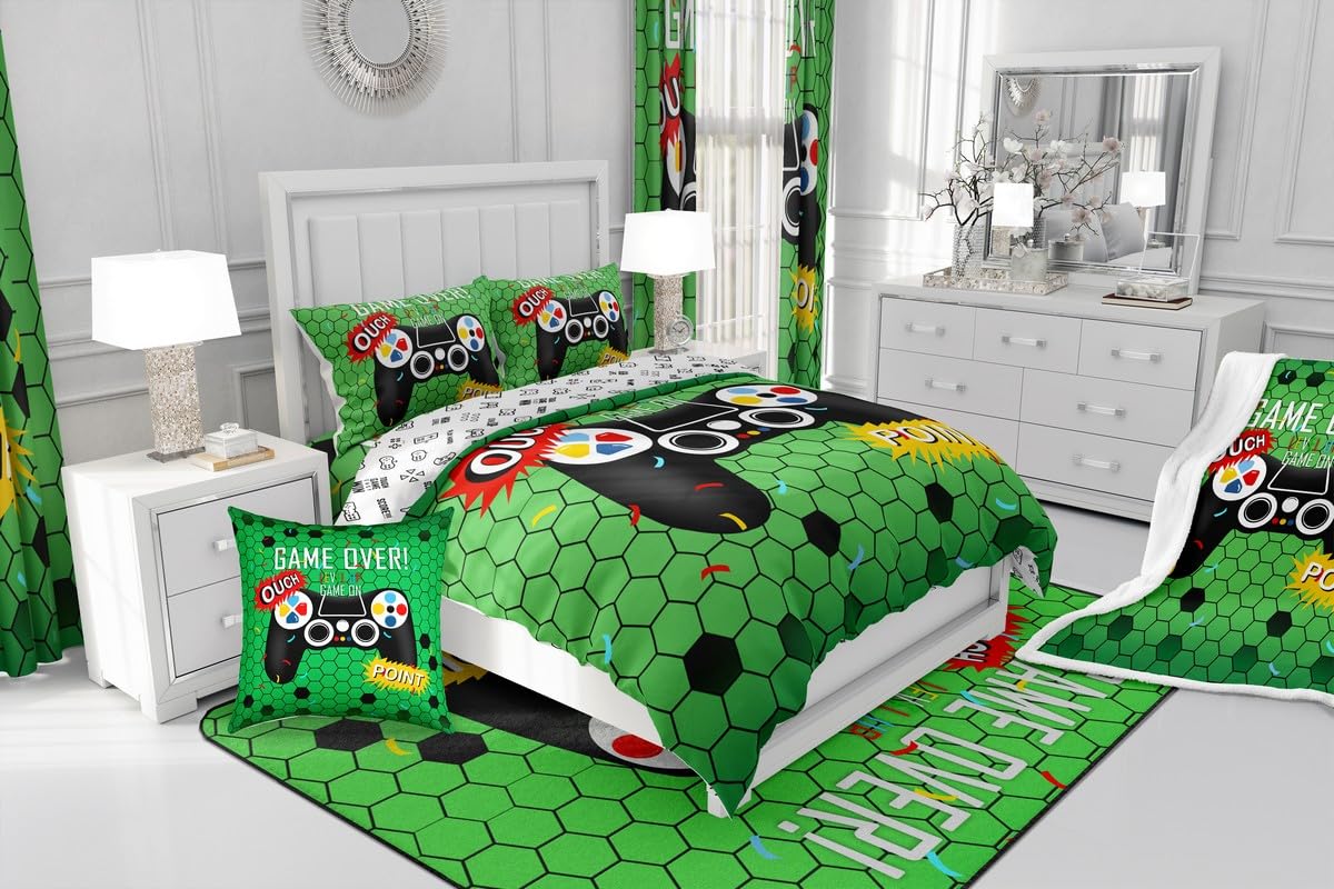 jejeloiu Gamer Comforter Set with Sheets 7 Piece Twin Size Gaming Bedding Set for Kids Boys Girls Game Room Decor Bed in a Bag Room Decor Soft Lightweight Microfiber