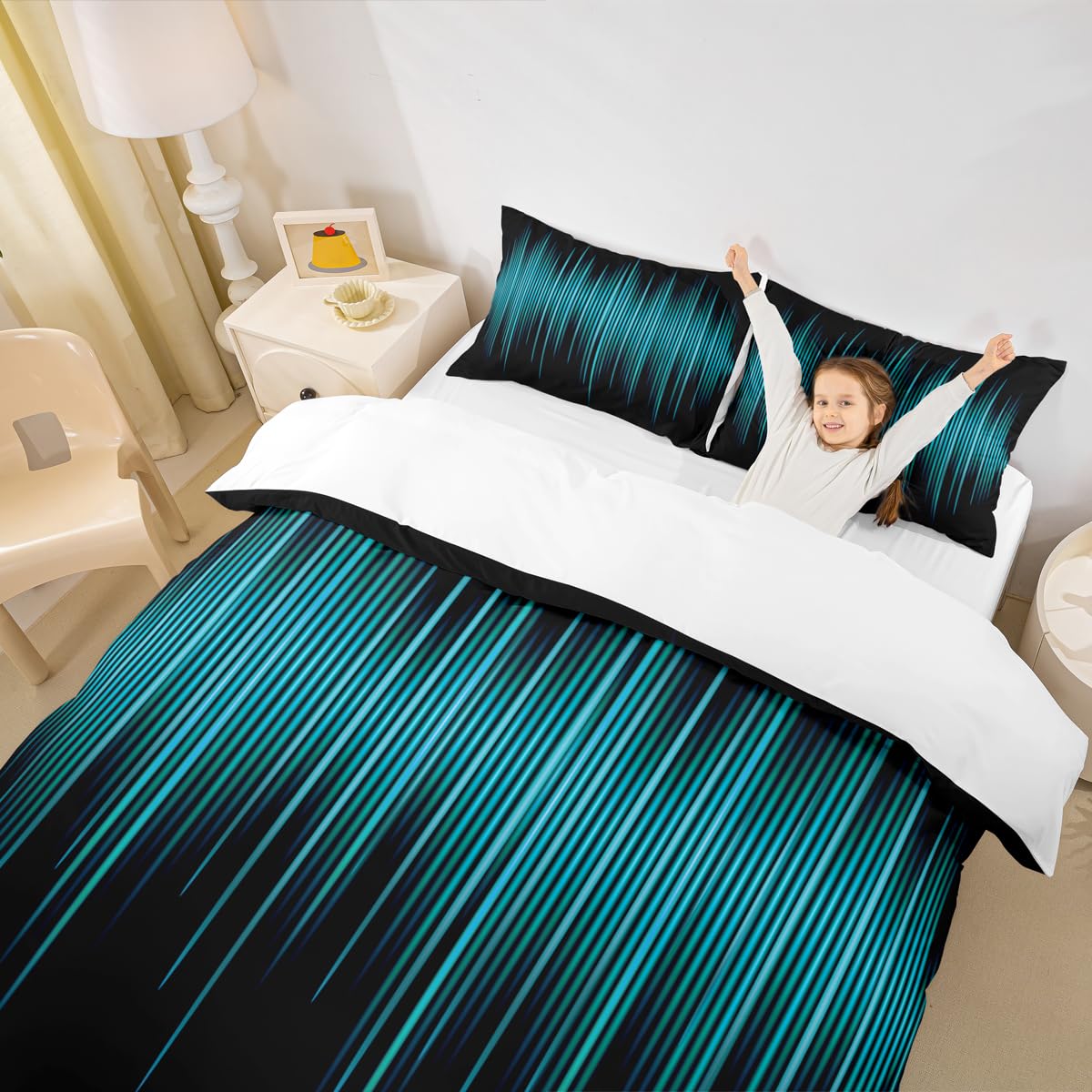 Geometric Abstract Kids Duvet Cover Set King Size,Blue Gradient Striped Lines Bedding Set,Boys Girls Adults Bedroom Decor,Modern Fashion Comforter Cover,Black Simple Quilt Cover,3pcs,2 Pillowcases