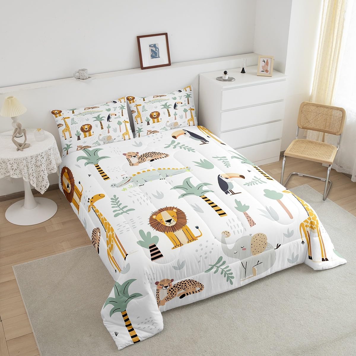 Feelyou Zoo Animal Bedding Set Cute Animal Comforter Set Wildlife Comforter for Women Men Room Decor Cute Giraffe Duvet Set King Size with 2 Pillow Case