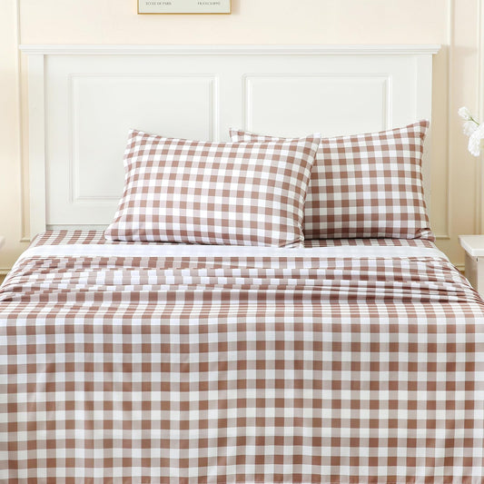 MICORAL Queen Sheet Set Tan Gingham Plaid, 4-Piece Brushed Microfiber Taupe Grid Bed Sheets, 16" Deep Pocket, Ultra Soft & Cooling Sheet, Oeko-TEX Certified, Light Brown