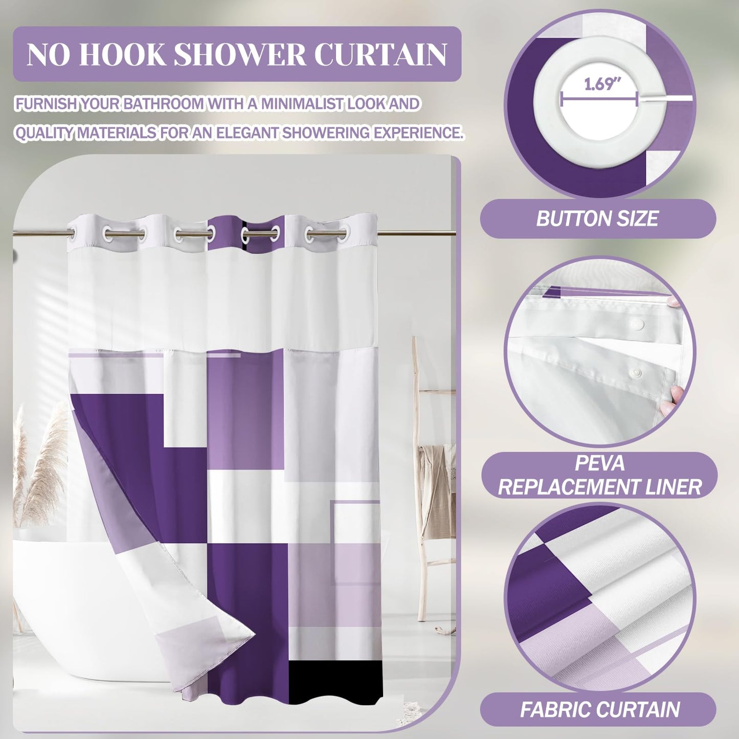 Purple Hookless Shower Curtain Set with Snap in Liner, Purple White Bathroom Decor, 71x74 Inches, Geometric Bathroom Curtain with Liner and See Through Top Window