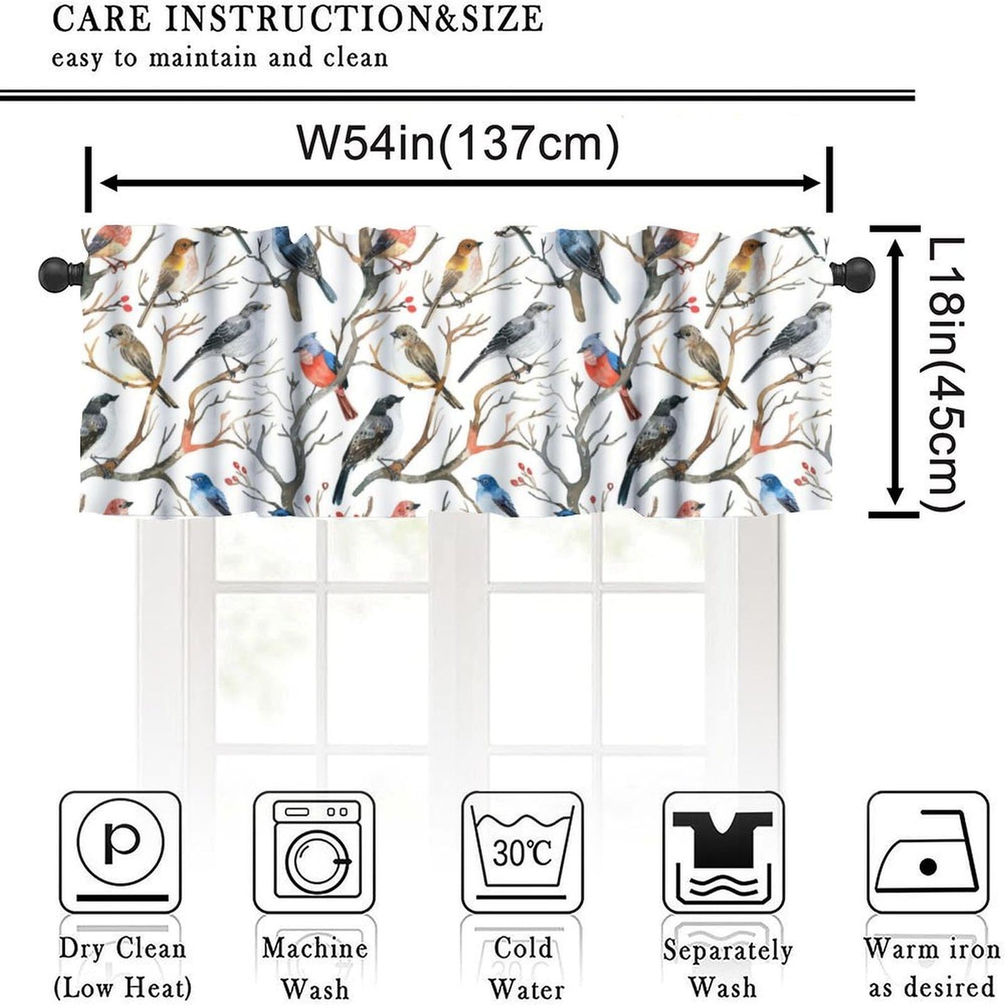 Yearn Jear Bird Flowers Kitchen Curtains Valance,Floral Nature Animal Colorful Birds Rod Pocket Curtain Valance for Kitchen, Bathroom, Living Room, Bedroom 54" X 18"